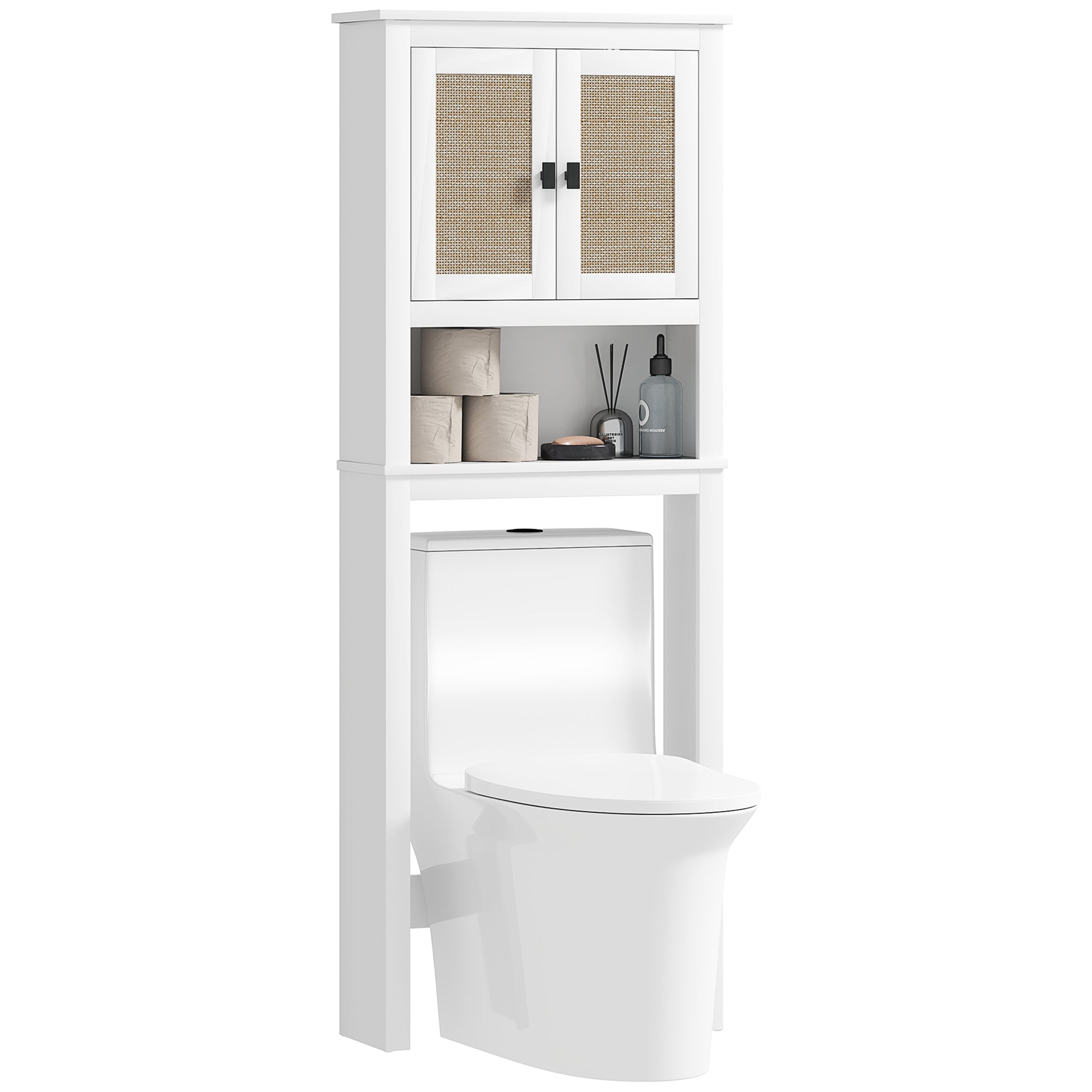 HOMCOM Smal Toalett Upphängd Förvaringsskåp med 2 Rattandörrar, Öppen Fack och Justerbar Hylla 60x19,5x160 cm Vit