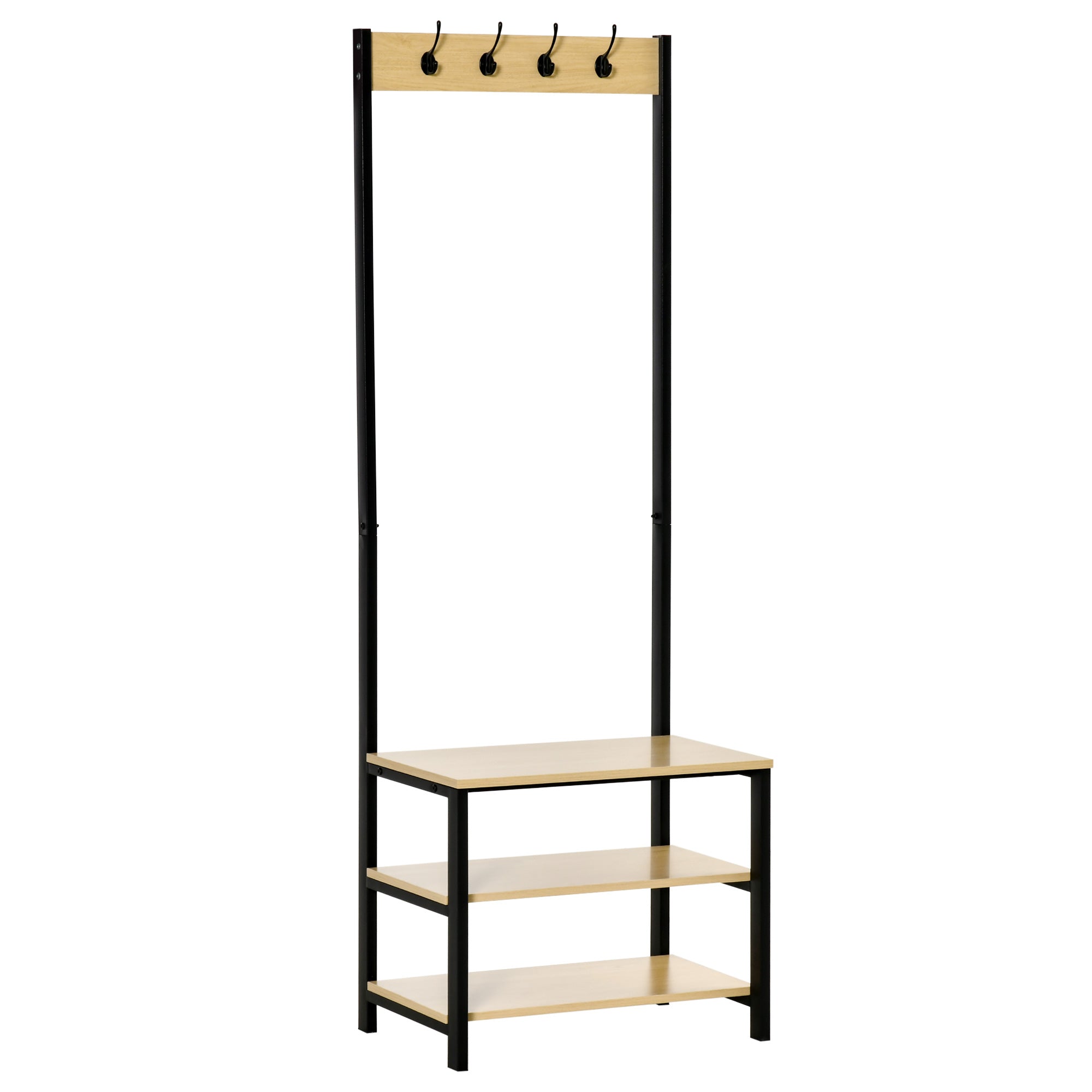 HOMCOM Portant Avec Banc, Range-Chaussures Métallique avec 3 Étagères et 4 Crochets pour Vêtements pour Hall d'Entrée 60x40x175 cm Noir et Naturel