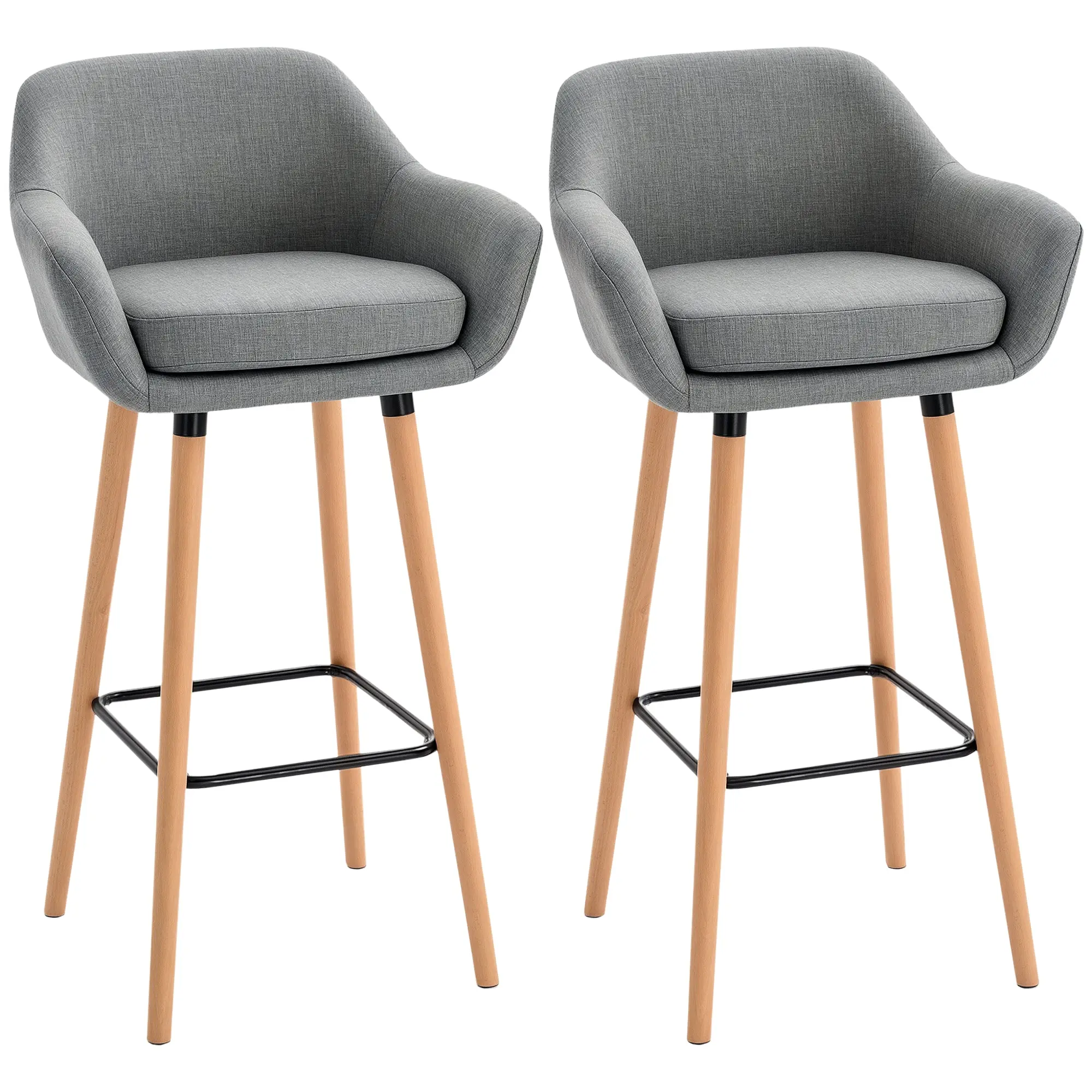2-Piece Bar Stool Set, Bar Chair with Seat Cushion, Wooden Legs, Backrest and Armrests, Kitchen Chairs with Wooden Footrest, Counter Stools for Kitchen, Living Room, Dining Room, Linen Look, Gray