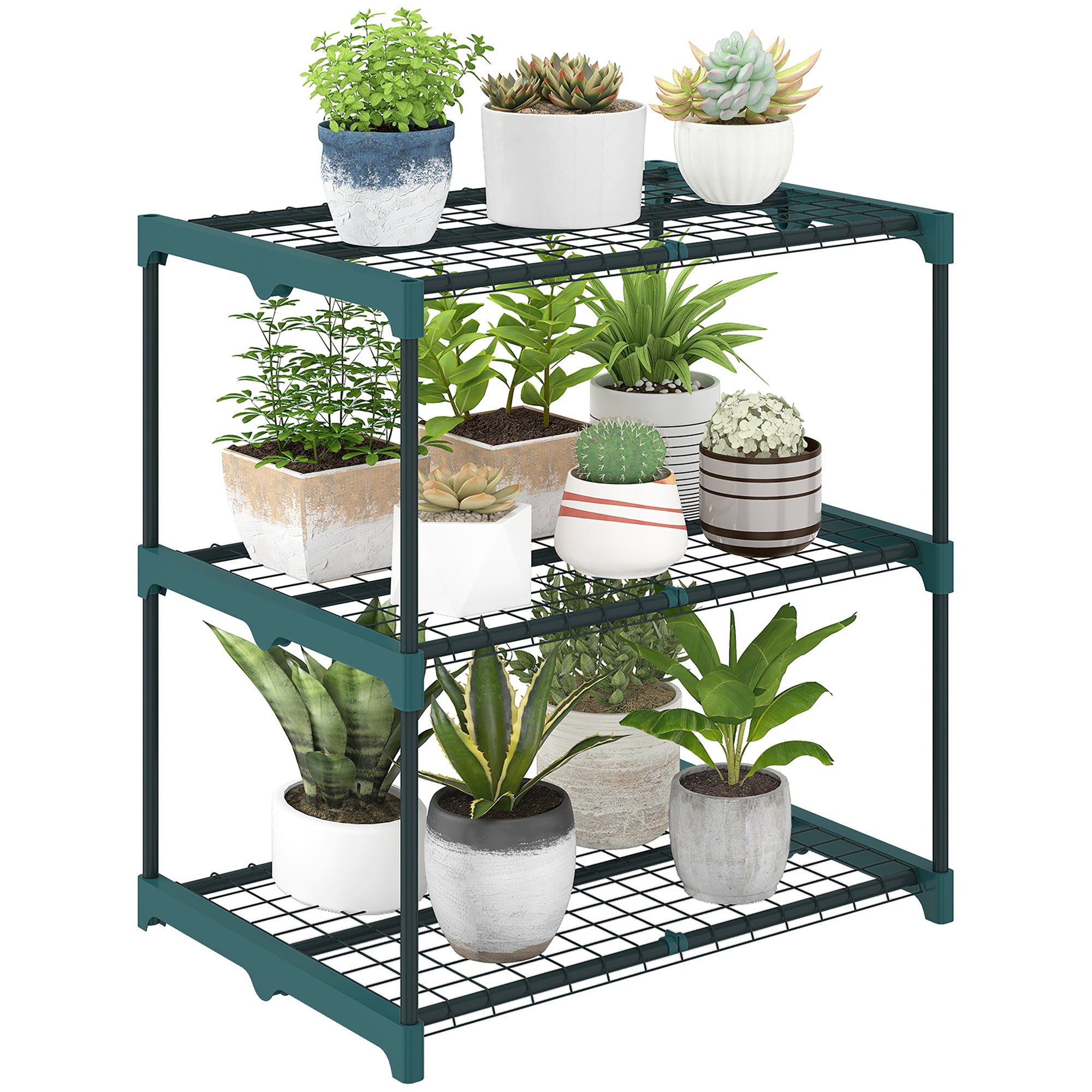 Outsunny 3-laags plantenrek, 72 cm hoog voor binnen en buiten – stalen meerlaagse plantenplank, pothouder voor tuin en balkon, donkergroen