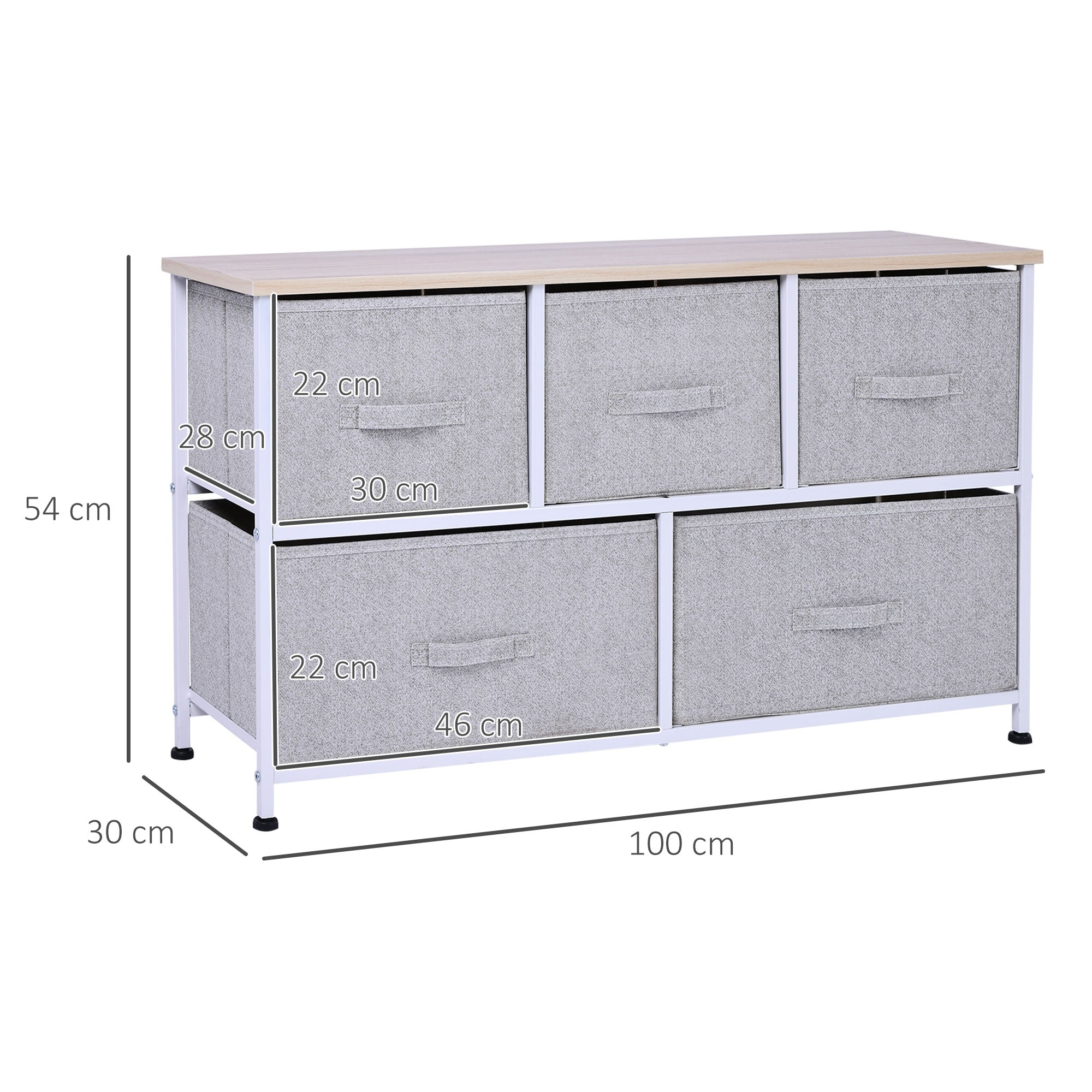 HOMCOM Kommode mit 5 Schubladen 100 x 30 x 54 cm Stoff-Schubladen Grauer Stahlrahmen Weißer Holz-Look