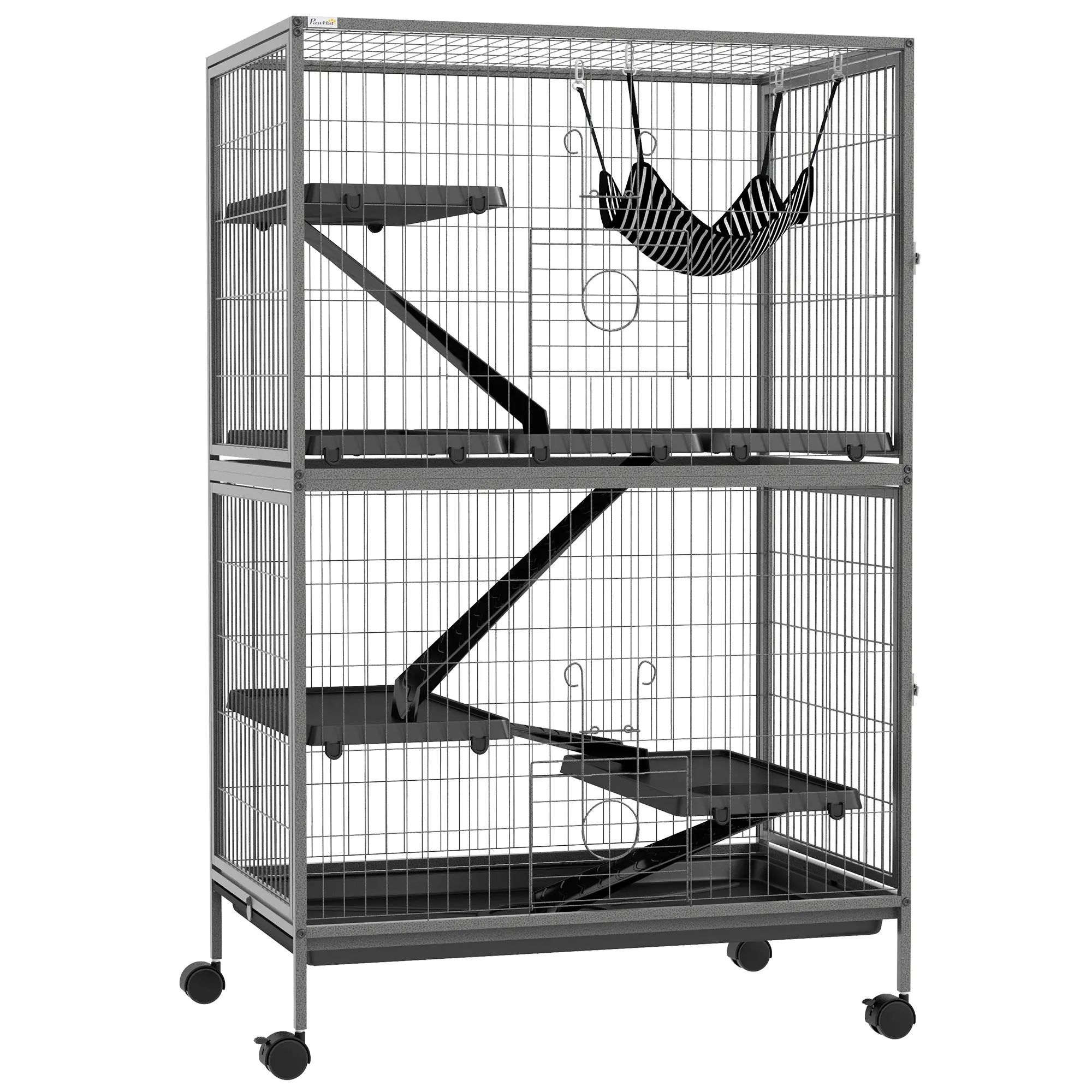 Outdoor Small Animal Cage with Pull-Out Tray, Hammock, Ramps, Wheels Small Pet Cage Enclosure for Small Animals, Squirrels, Chinchillas, 80 x 52 x 128 cm Gray