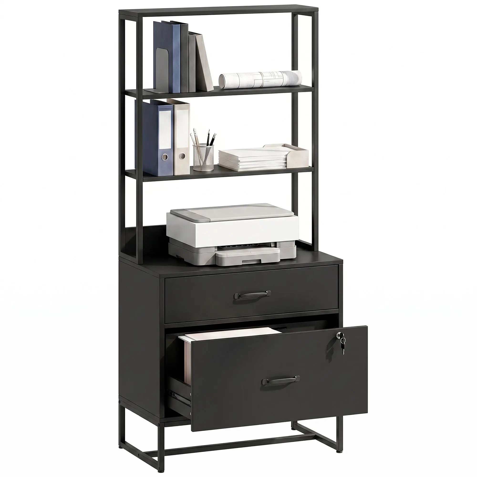 Filing Cabinet Office Storage with Bookshelf for A4, Letter & Legal Files, 2 Drawers, Printer Stand, Black