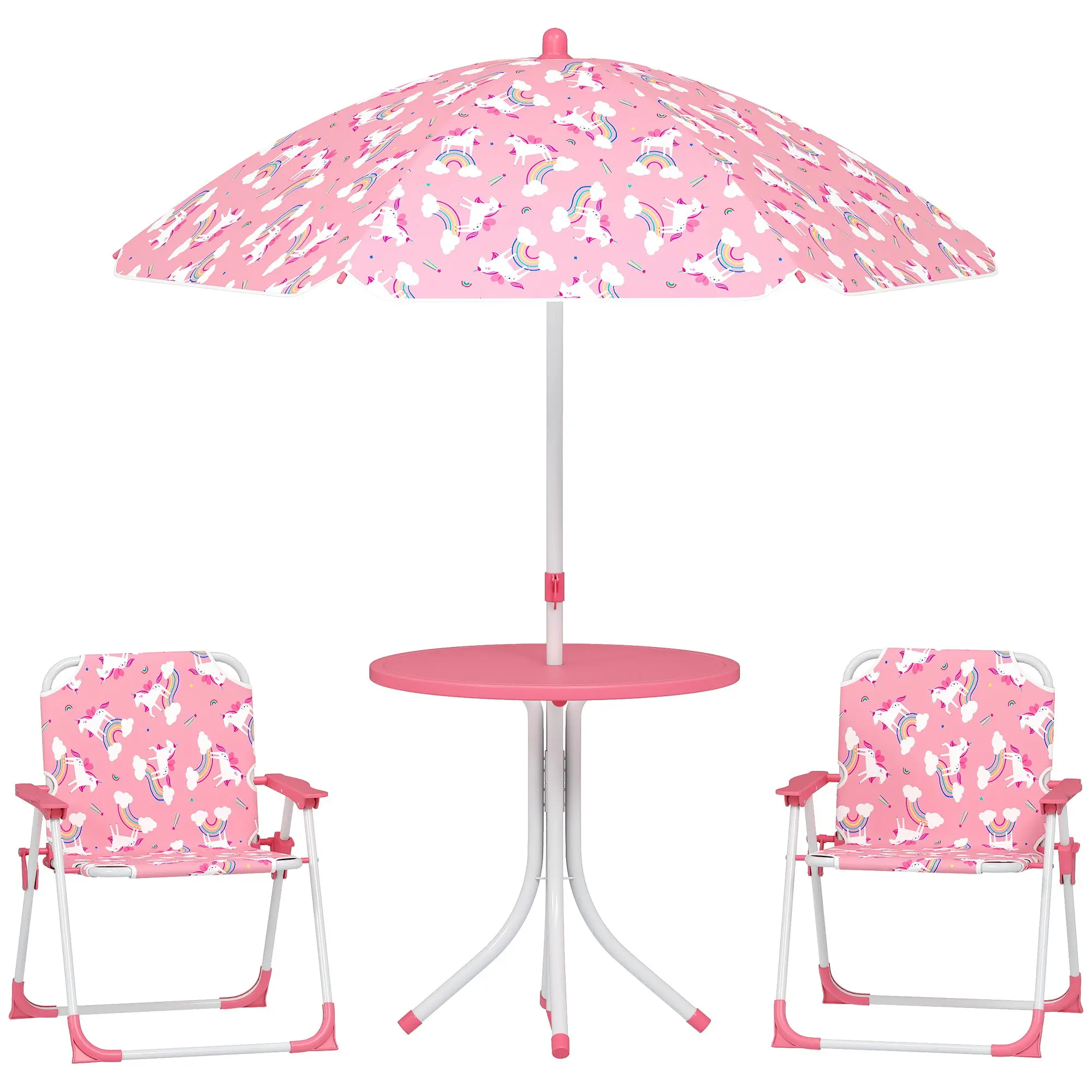 4-Piece Kids Garden Table & Chairs Set — Folding Chairs, Removable Umbrella, Unicorn & Rainbow, Pink