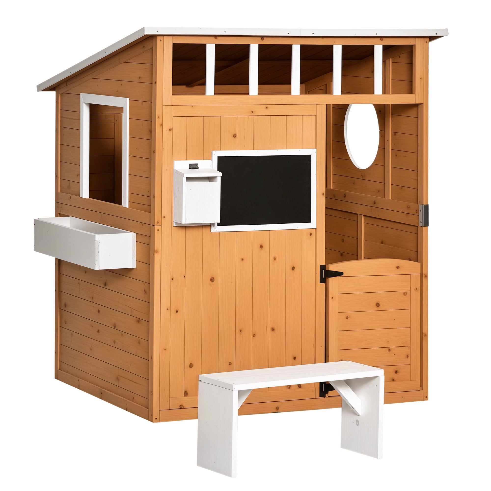 Outsunny Kinder Spielhaus aus Holz - Holzspielhaus mit Fenster und Briefkasten - Garten Spielhaus mit Blumenh WANT RACK für Kinder von 3-8 Jahren - Kiefernholz Natur 122 x 108 x 135,5 cm