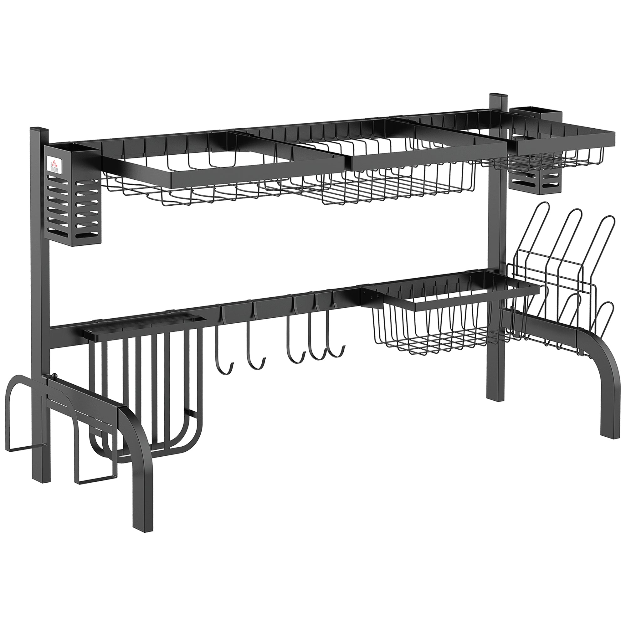 HOMCOM Geschirrabtropfgestell, 2-stufiges Geschirrregal mit Haken, Tellerregal, Zubehör, 100 cm Geschirrabtropfer für die Küchenspüle, Stahl, Schwarz