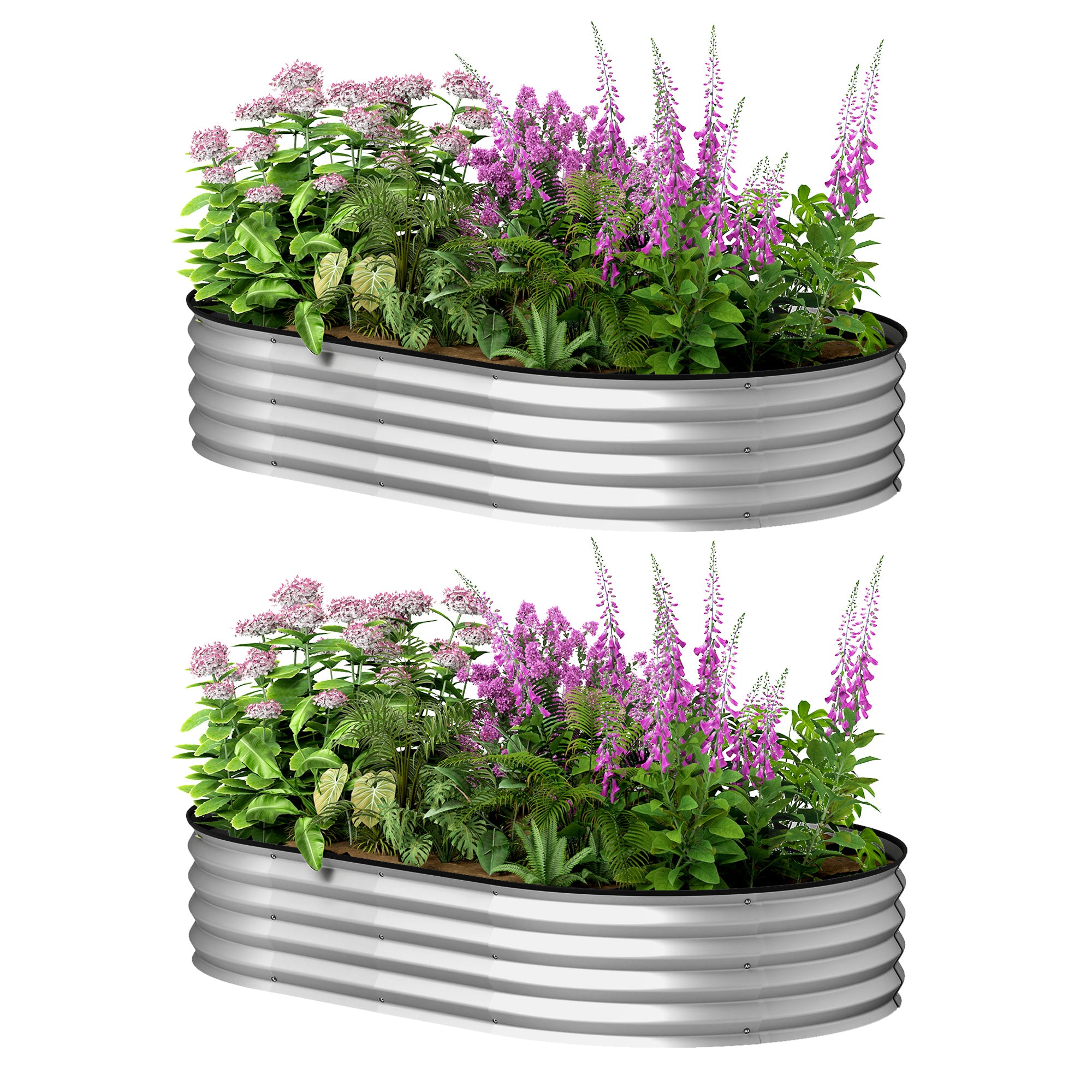 Outsunny Set med 2 Galvaniserade Stål Upphöjda Trädgårdsplanterare, Trädgårdsbäddskit, Gummikant och Öppen Botten, för Grönsaker, Frukter, Blommor, 152 x 91 x 30 cm, Silver