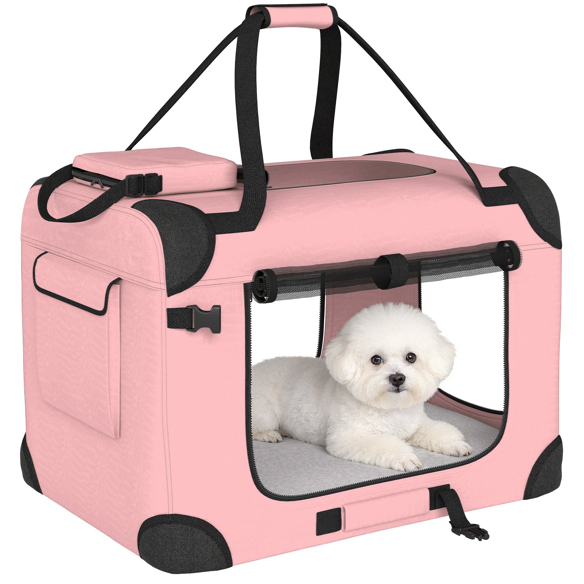 PawHut faltbare Transporttasche für Haustiere, 60 x 41,5 x 41 cm, Netzfenster, weiches Kissen, 2 Tragegriffe, Reisetasche für kleine Hunde & Katzen, Rosa