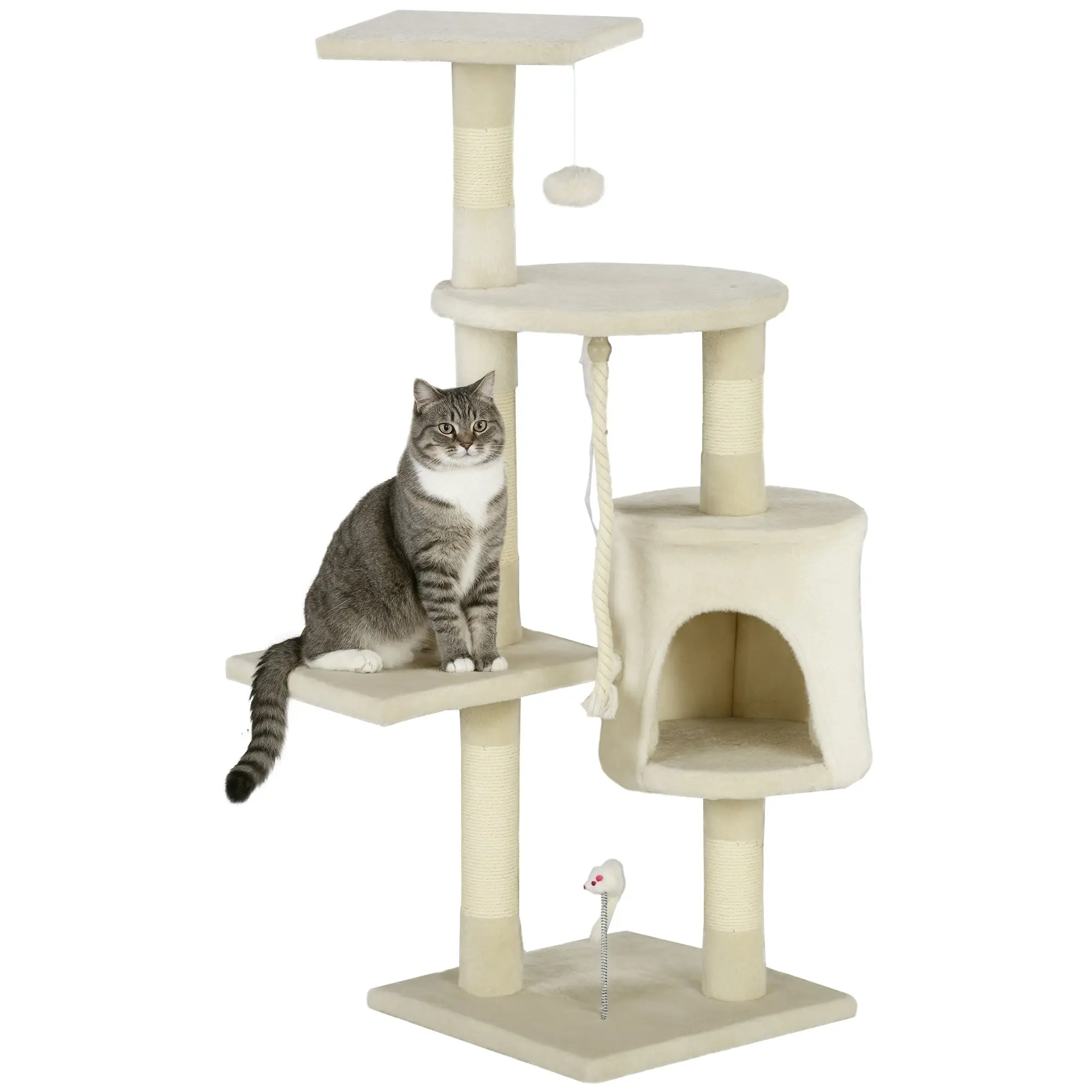 Cat Scratching Post Height 116 cm Cat Tree Climbing Tower with Sisal Scratching Posts Cozy Cave Platforms and Fun Hanging Toys Beige