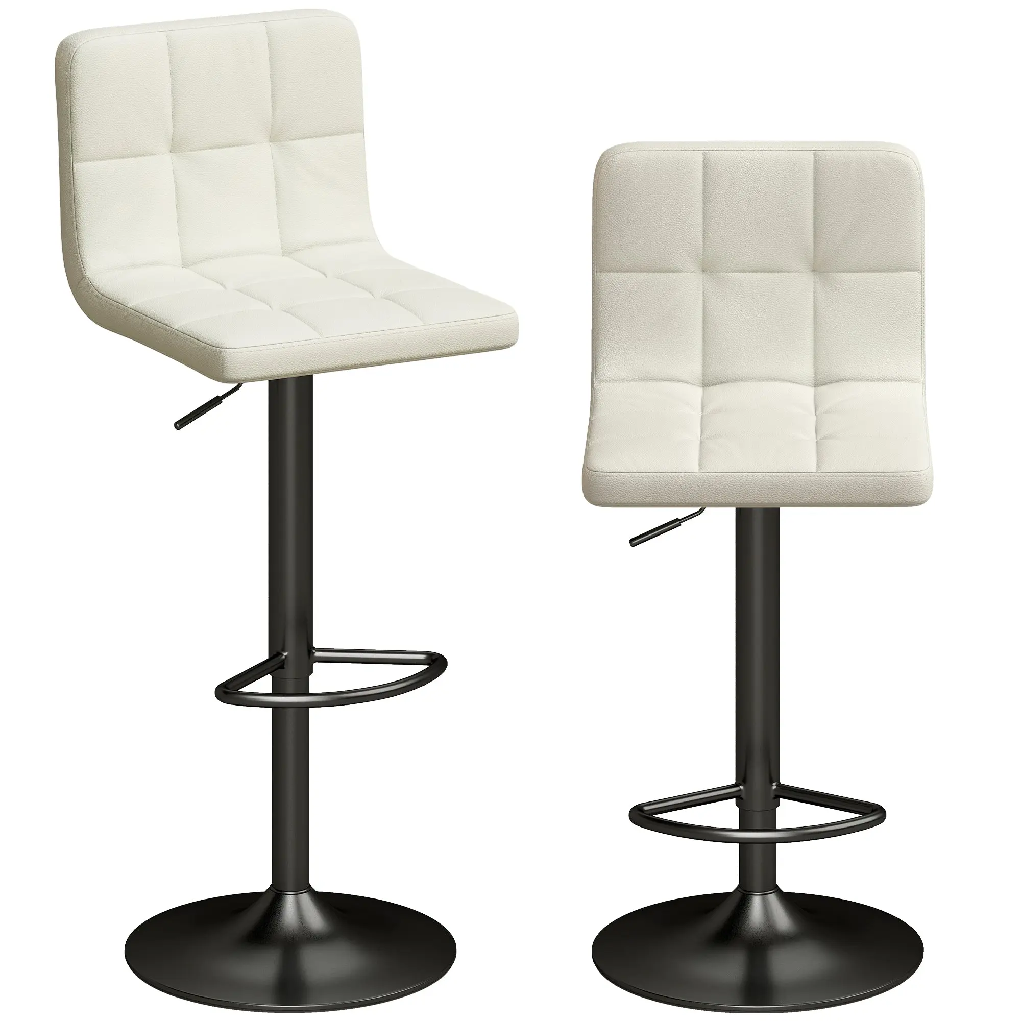 Set of 2 Cream PU Bar Stools — Adjustable Height, 360° Swivel, Padded Seat & Back, Steel Frame