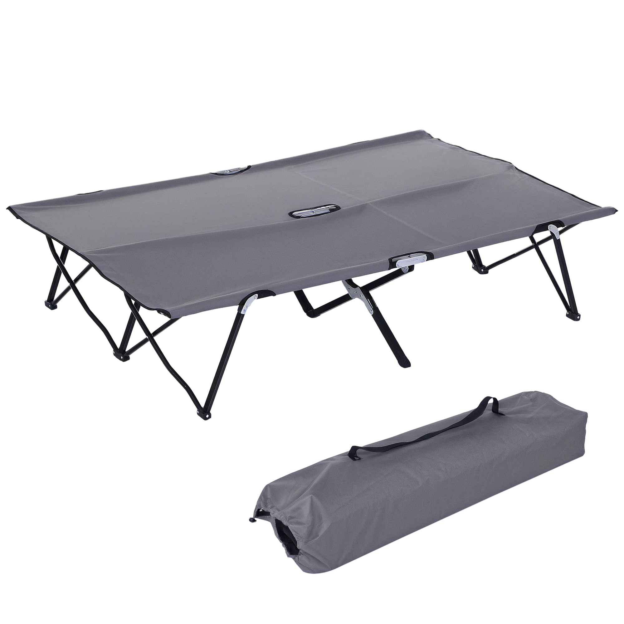 Zložená kempingová posteľ Outsunny pre 2 osoby s nosnosťou do 136 kg a prenosnou taškou, oceľová Oxford šedá, 193 x 125 x 40 cm