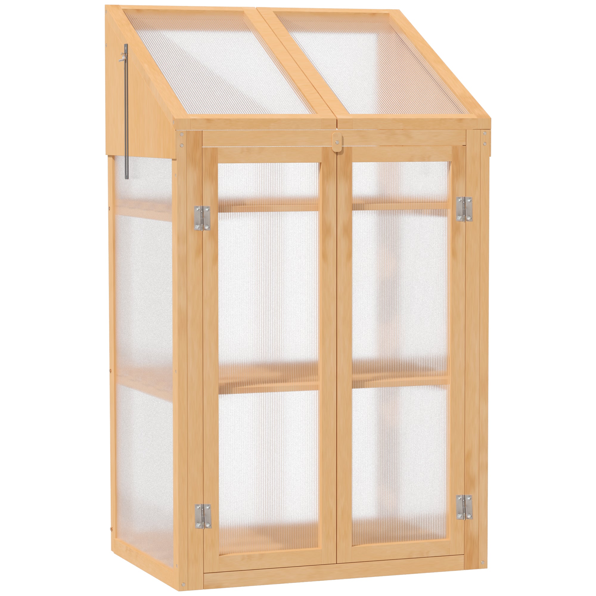 wooden cold frame, mini greenhouse 70 x 50 x 120 cm, greenhouse with cover, window, double door, light-permeable cold frame with 3 shelves, winterproof raised bed for garden, balcony, brown