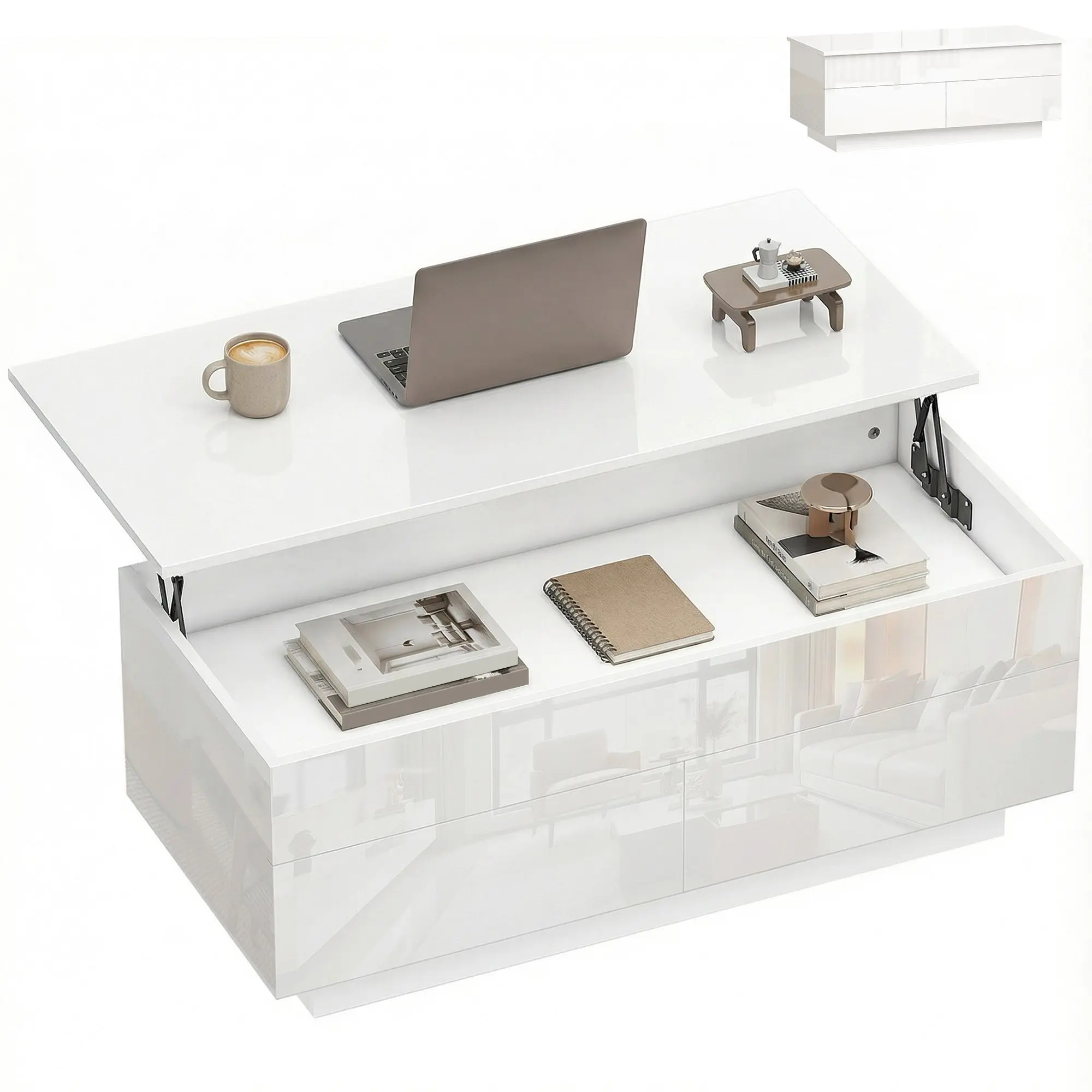 Lift Top Coffee Table with Storage, Height Adjustable Coffee Table with Hidden Compartment & 2 Drawers, High Gloss White