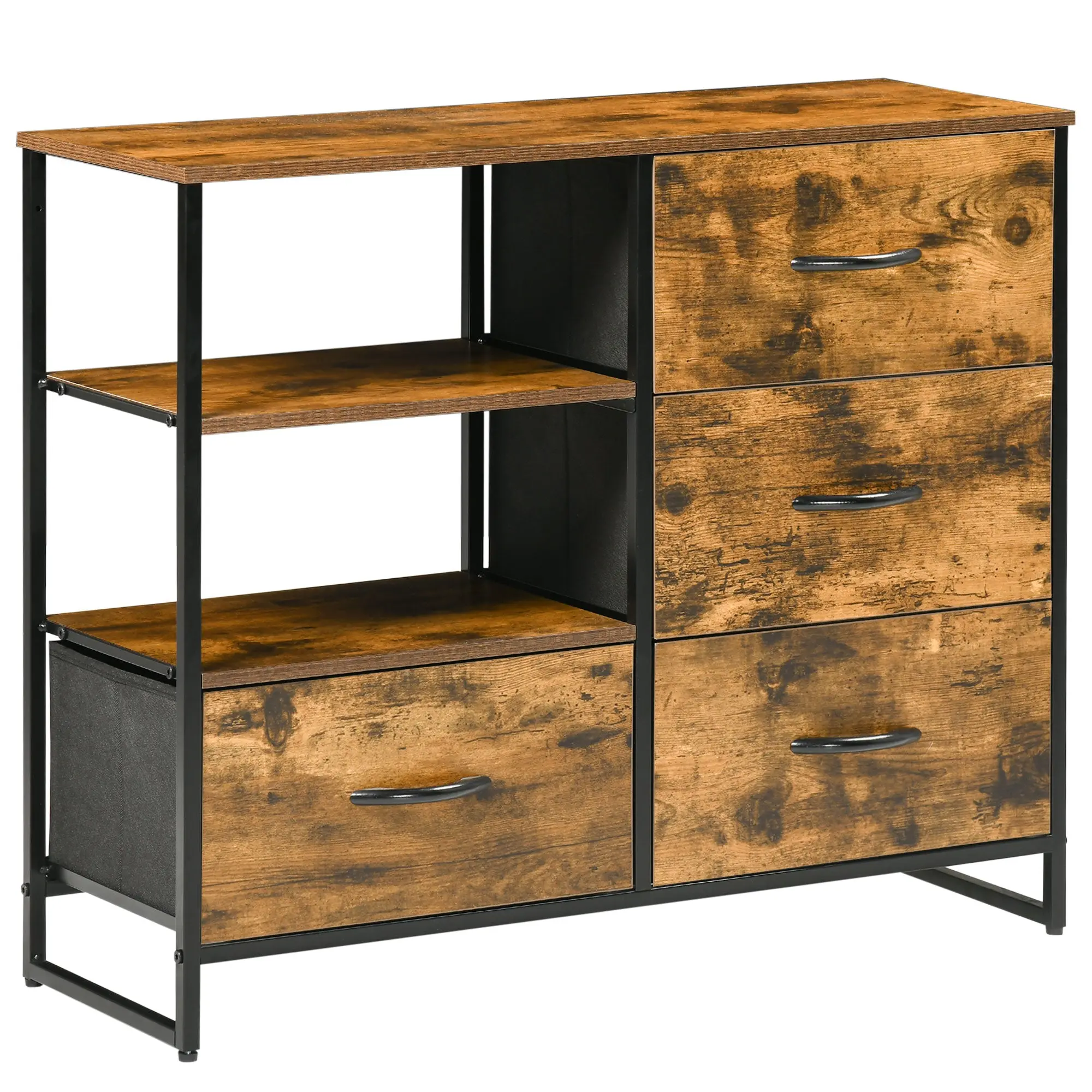 Fabric Drawer Organizer Dresser with Foldable Drawers Open Shelves and Steel Frame Industrial Style for Living Room Entryway Bedroom 84x30x71.5 cm Rustic Brown