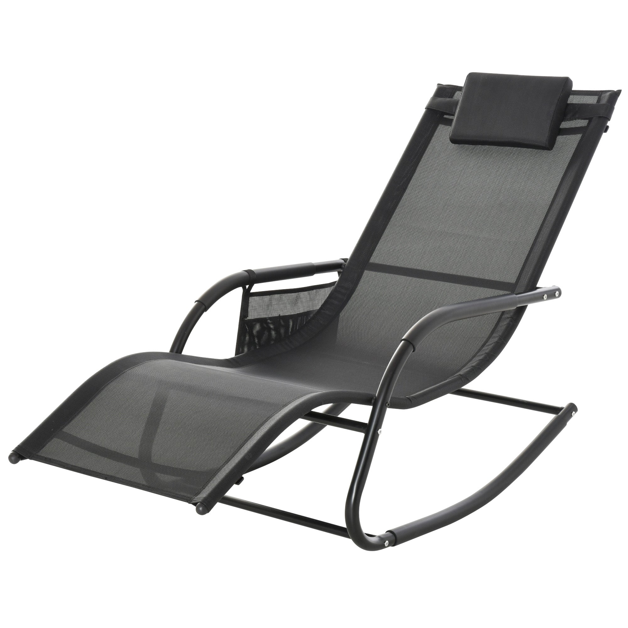 Fauteuil Bercant Outsunny d'extérieur avec accoudoirs rembourrés, repose-tête et poche latérale Charge 120 kg pour Jardin Terrasse Patio 150x62x88 cm Noir