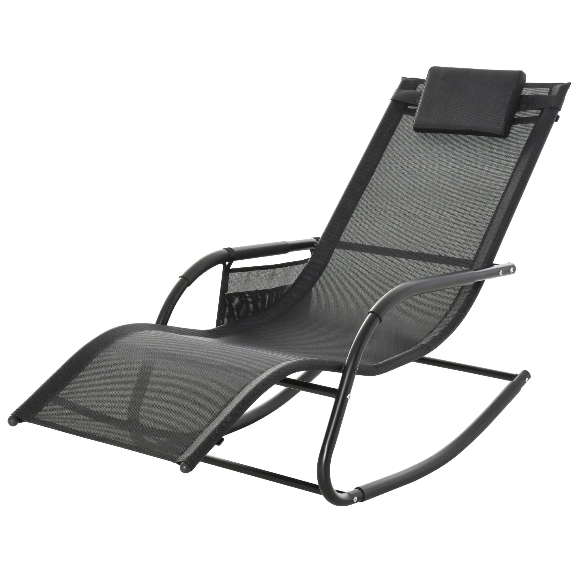 Outdoor Rocking Chair Lounger with Padded Armrests, Headrest and Side Pocket Load 120 kg for Garden Terrace Patio 150x62x88 cm Black