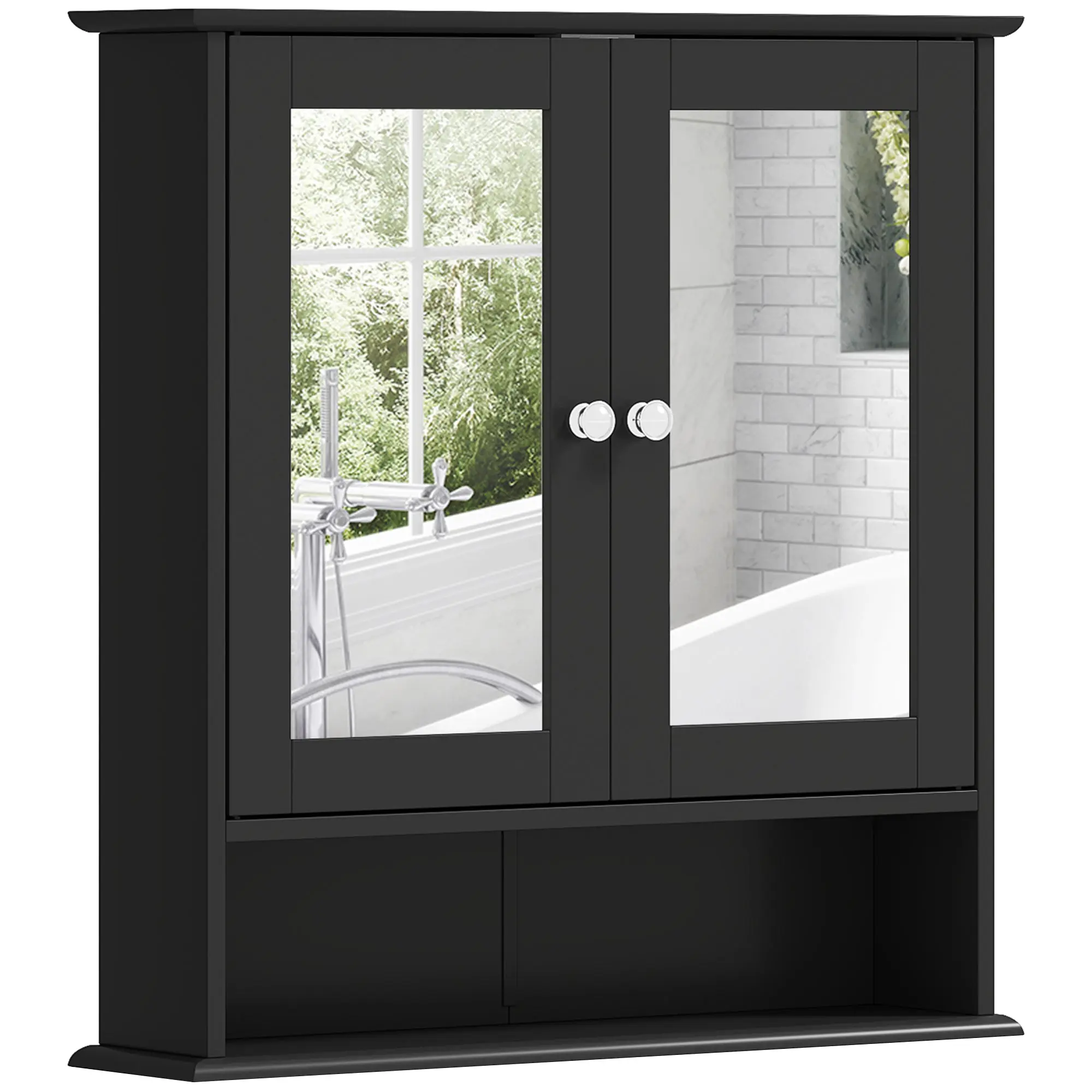 Mirrored Wall Cabinet, 2-Door Bathroom Storage with Adjustable Shelf & Open Bottom, 22 x 5.1 x 22.8 in (Black)