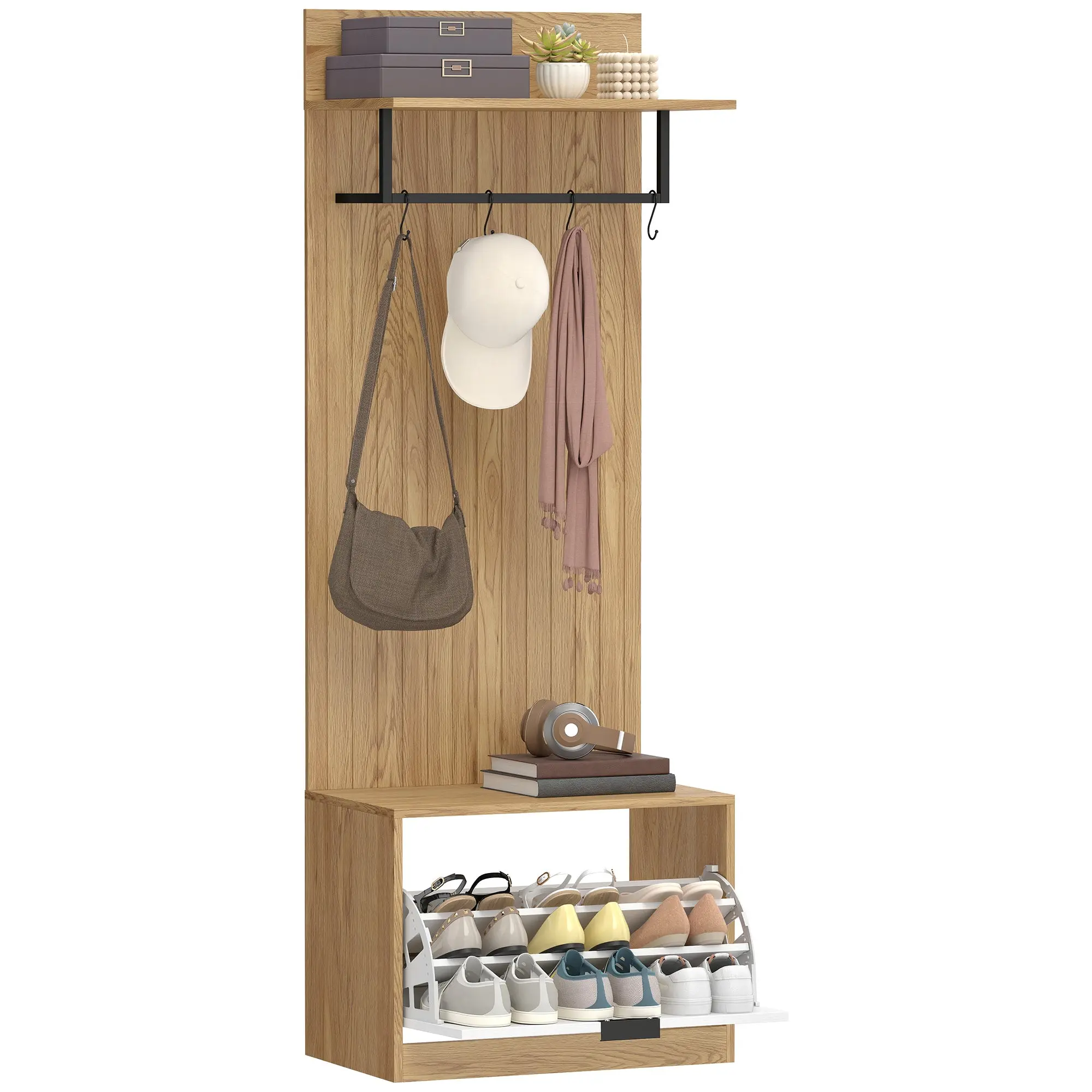 5-in-1 Entryway Hall Tree – Foldable Shoe Bench, Shelf, Rod & 4 Hooks, Oak/White (23.6 x 11.8 x 66.9 in)