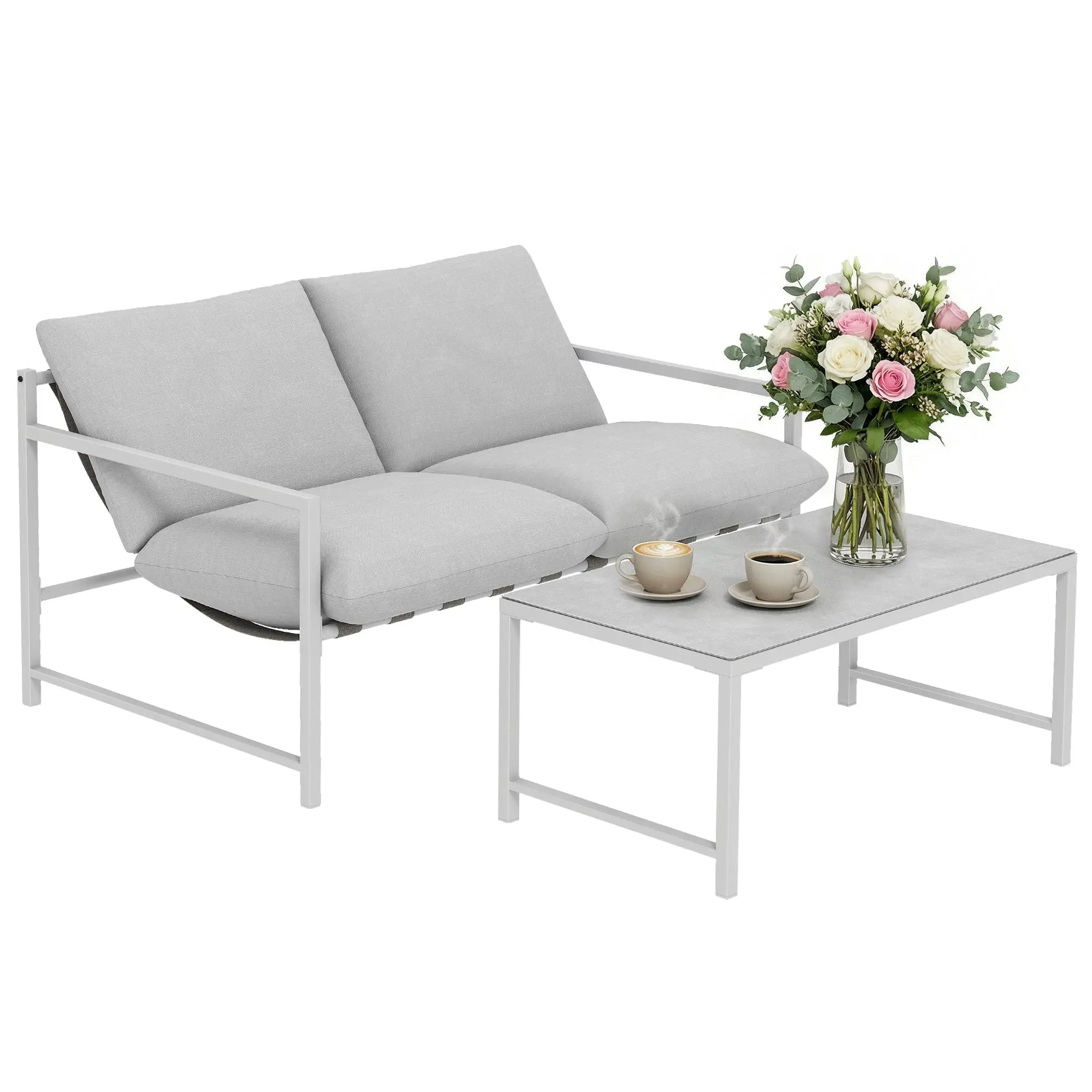 2-Piece Outdoor Patio Set — 2-Seater Sofa with 8 in Deep Cushions & 3D Marble Tempered Glass Coffee Table, Steel Frame, Light Gray