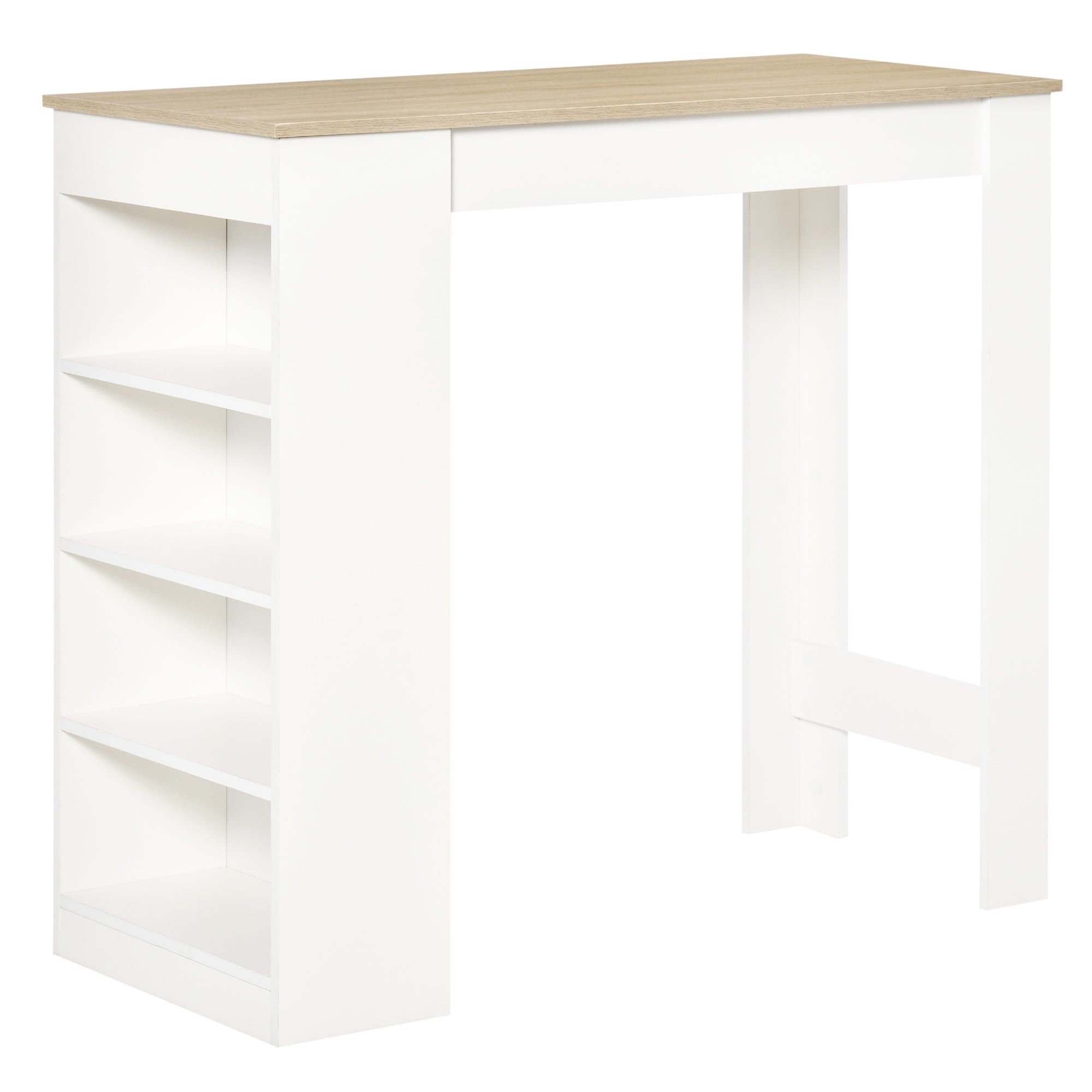 HOMCOM Bartisch für 2 Personen – hoher Bistrotisch mit 4 offenen Ablagen für kleine Räume, Küche & Wohnzimmer, 115 × 50 × 102,7 cm, Modern, Weiß & Naturholz