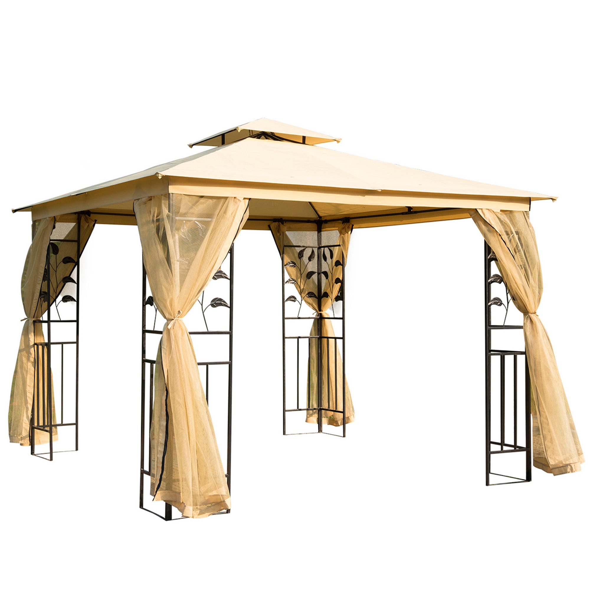 Outsunny Lyx Gazebo 3x3 m Trädgårdstält med Tält med Dubbel Tak och Sidoväggar Festival Tält Trädgårdstält Pagoda Beige