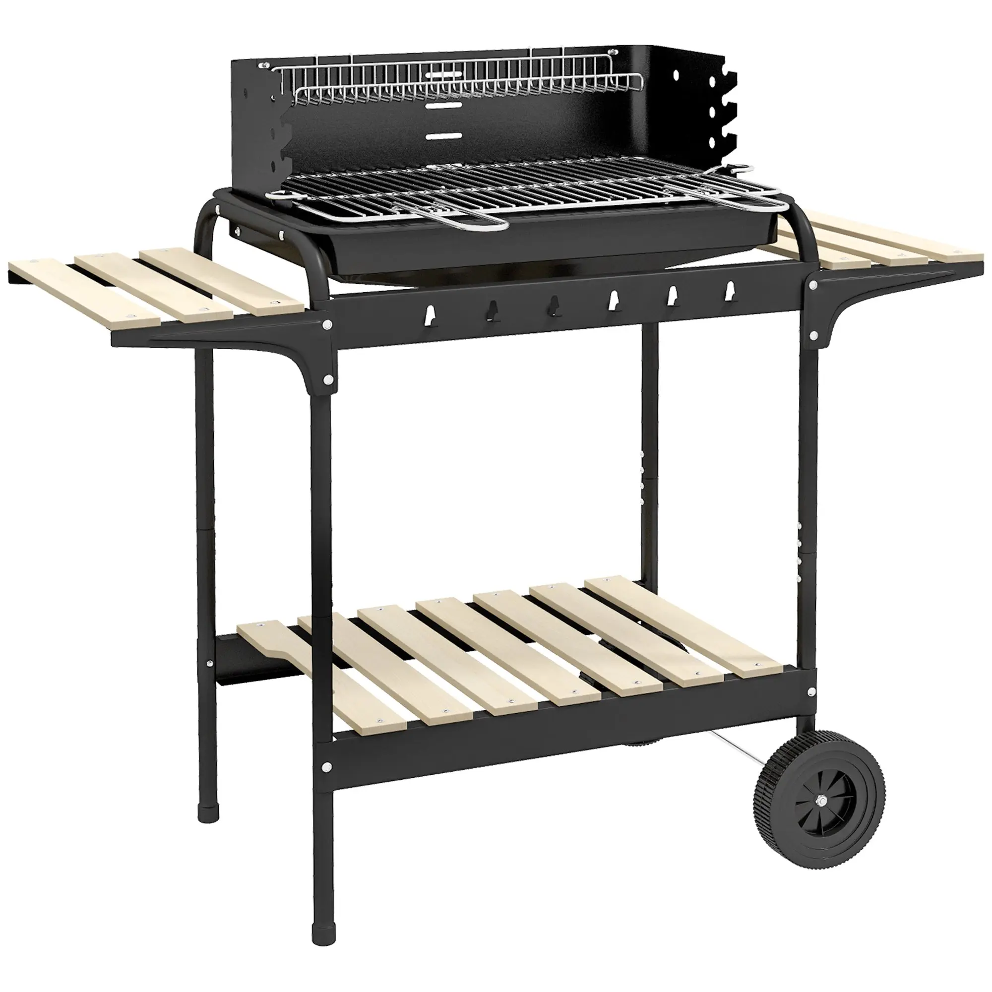 Metal Charcoal BBQ Smoker Grill with Wheels, Adjustable Height Grill Grate, Wooden Shelf, Portable Grill Cart Charcoal Grill, BBQ for Barbecue Camping, Patio, 103x47x95 cm