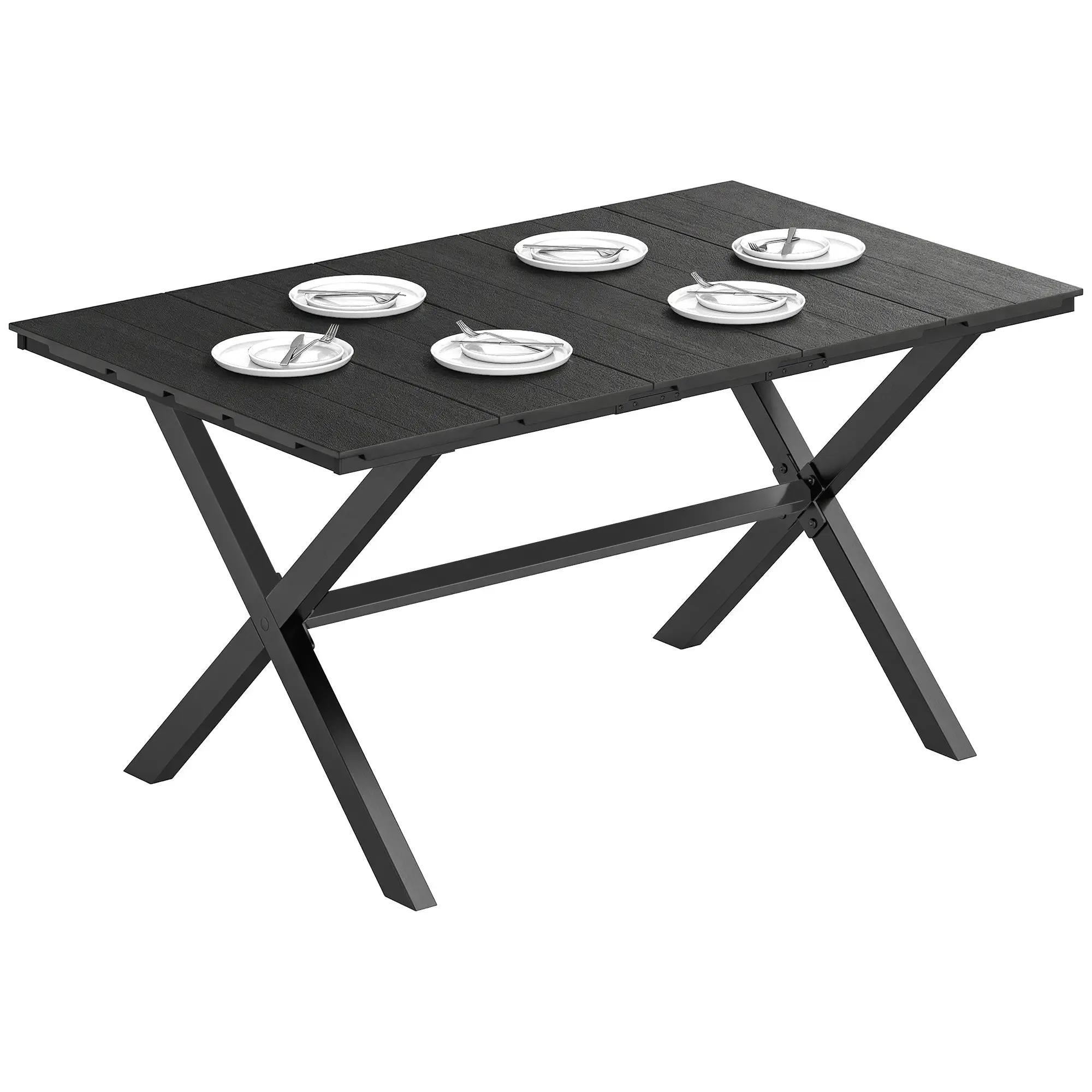 Rectangular Outdoor Dining Table, 59 x 35.5 x 29 in, HDPE Slatted Top & Powder-Coated Metal Frame, Seats 4–6, 110 lb Capacity, Black