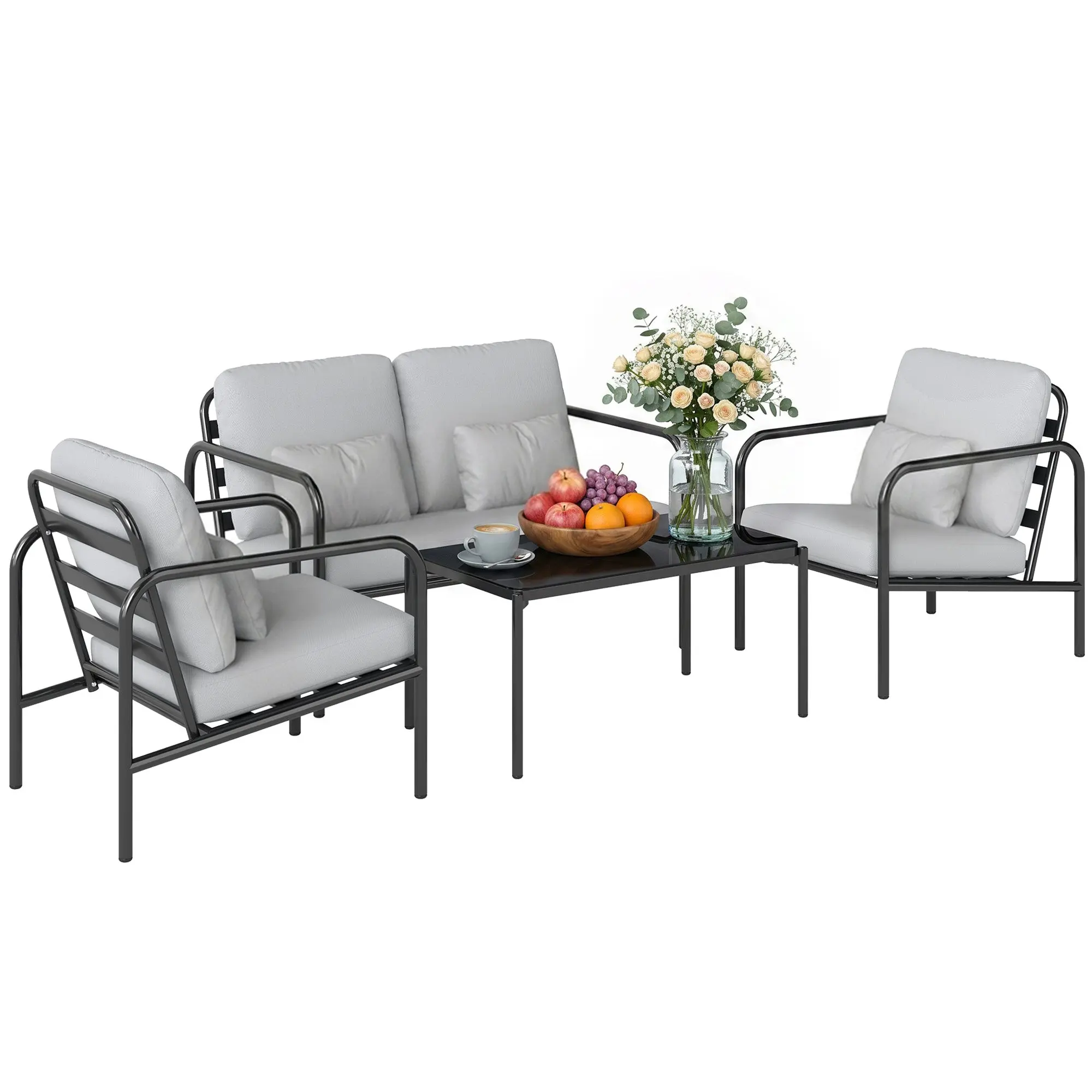 4-Piece Light Grey Steel Outdoor Sofa Set – 2-Seat Sofa, 2 Armchairs, Glass Coffee Table, Thick Cushions