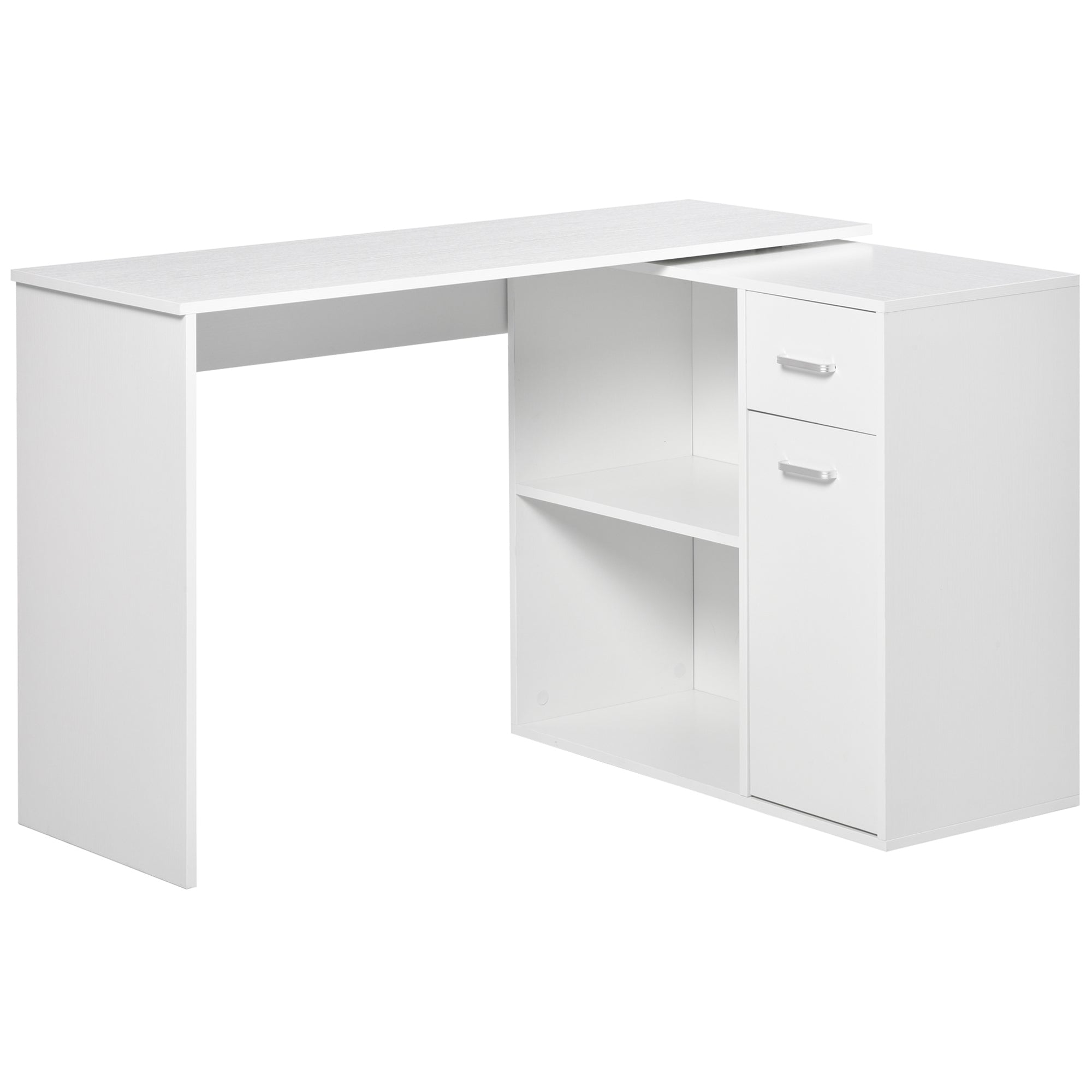 HOMCOM Eckschreibtisch für Studium und Büro mit 2 Schubladen und 2 Regalen, Moderner Holztisch, 117x82x74 cm, Weiß