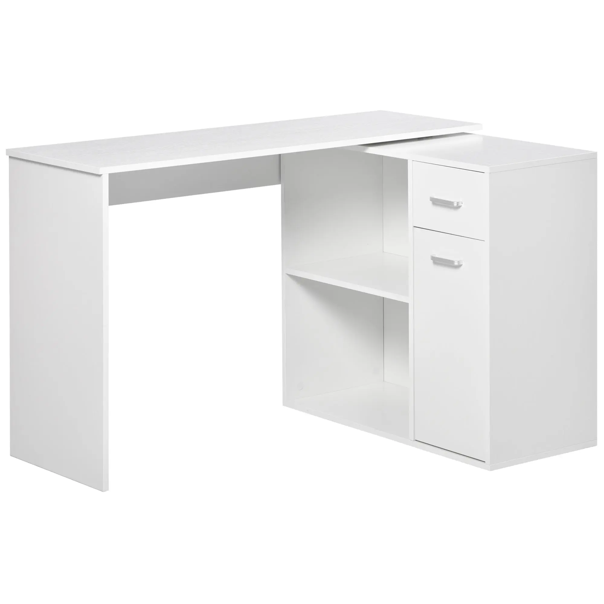 Corner Desk for Study and Office with 2 Drawers and 2 Shelves, Modern Wood Desk, 117x82x74 cm, White