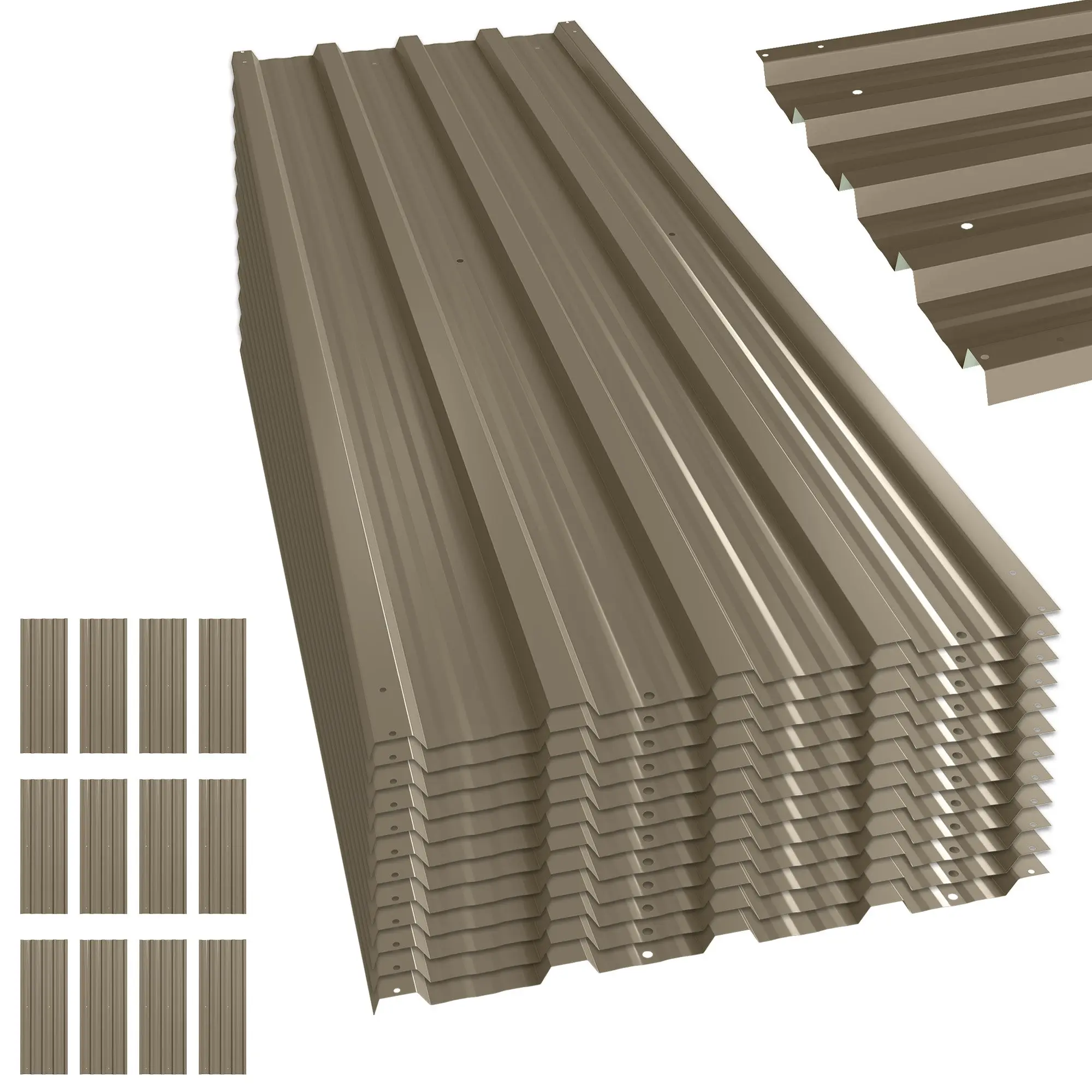 12-Pack Galvanized Steel Roof Panels, Corrugated Roofing Sheets — 75 sq ft (7 m²) — For Tool Shed, Shed, Garage, Outdoor — 50.8 × 17.7 in, Brown