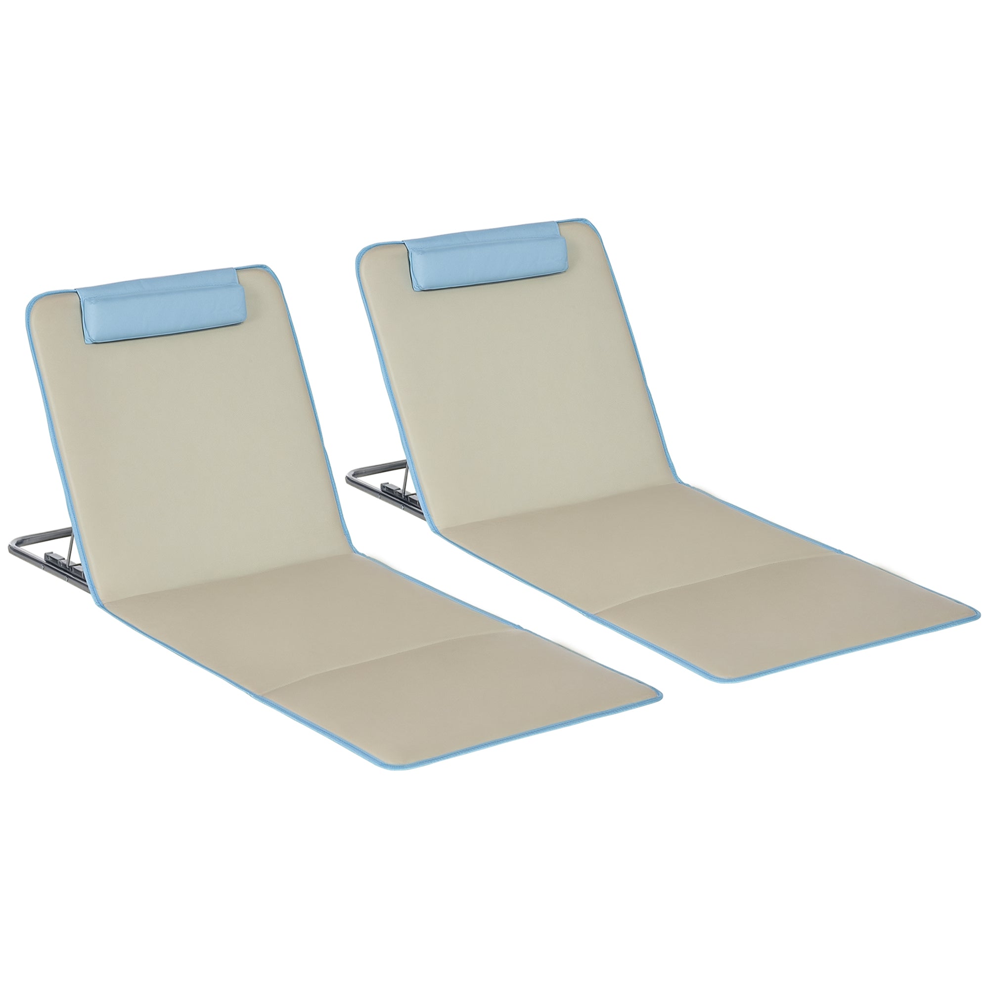 Outsunny Lot de 2 Chaises Longues de Plage Pliantes avec Dossier Réglable, Oreiller, Sac de Transport Léger, Tapis de Plage Portable, Tapis de Soleil Extérieur pour Jardin, Piscine 124 x 53 cm