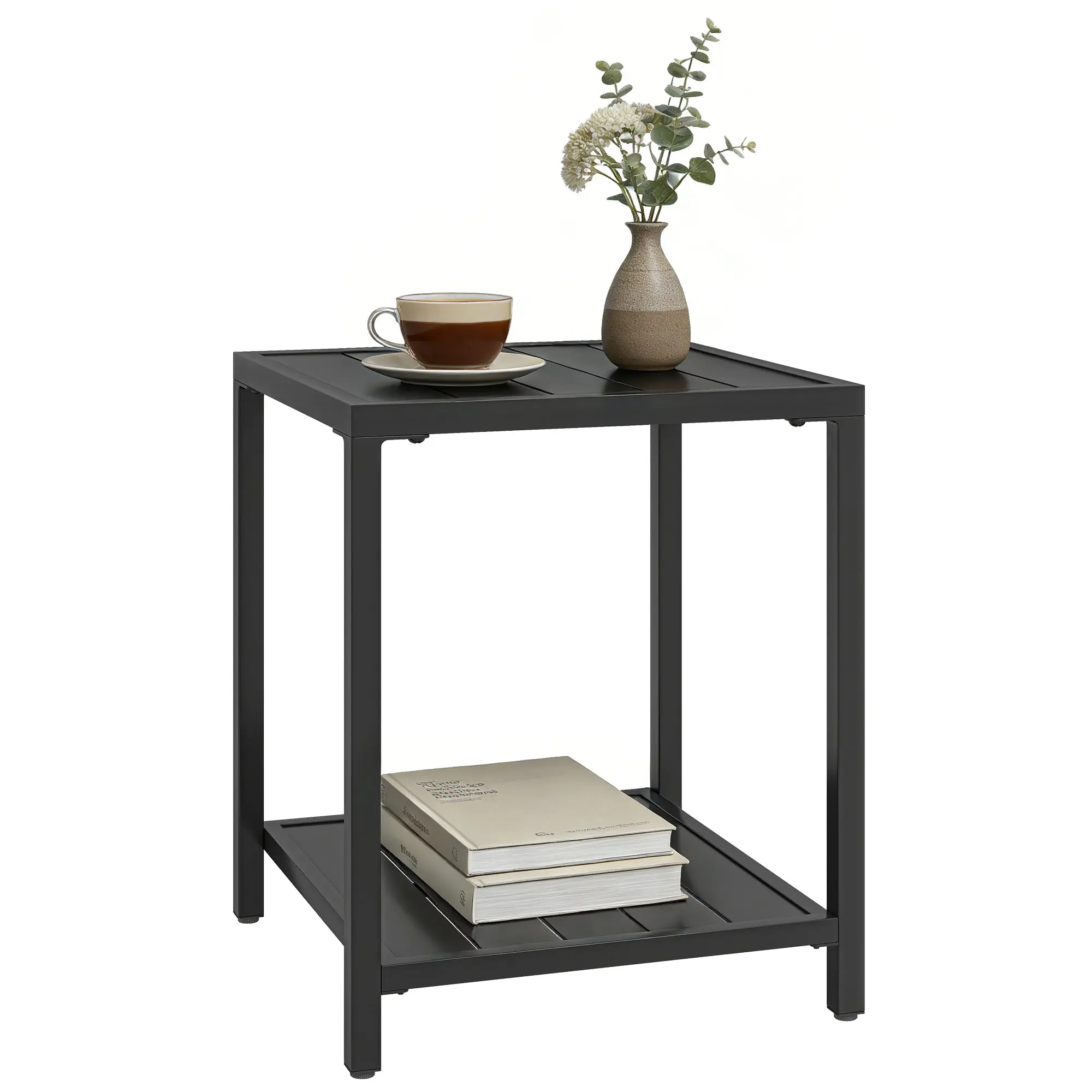 Side Table 18 x 18 in, Weatherproof Slatted Garden Table with Shelf, Adjustable Feet, Square Balcony Table, 66 lb Capacity — Black
