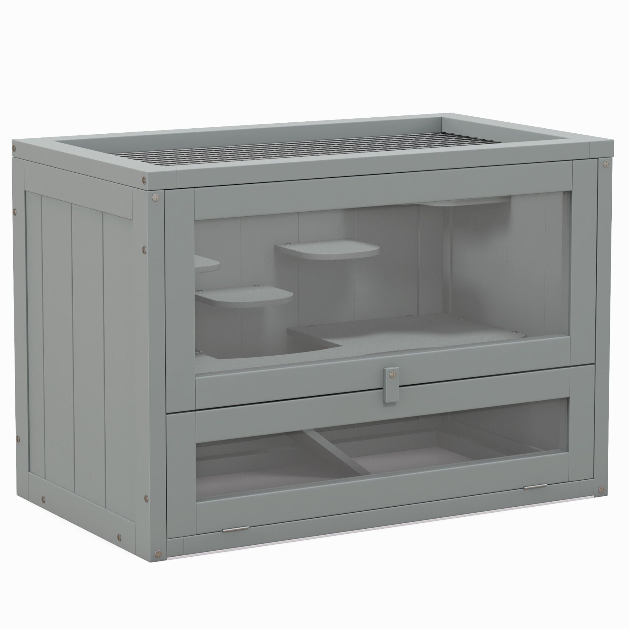 PawHut 2-Niveau Houten Hamsterkooi Klein Dierenhuis met Platforms en Ladders 60x35x42 cm Grijs