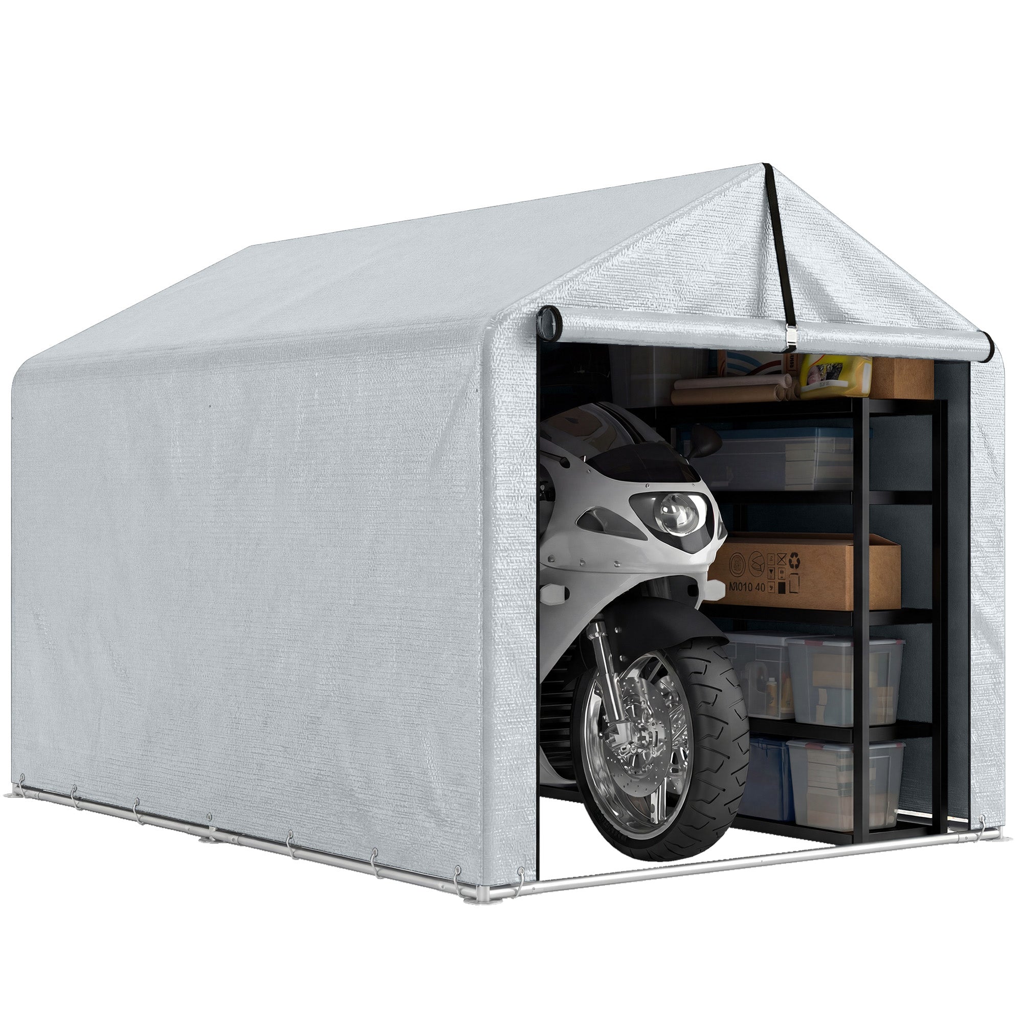Waterproof Outdoor Storage Tent with Roll‑Up Door — Bike & Tool Garage, 162 × 221.5 × 163 cm (63.8 × 87.2 × 64.2 in), Light Gray