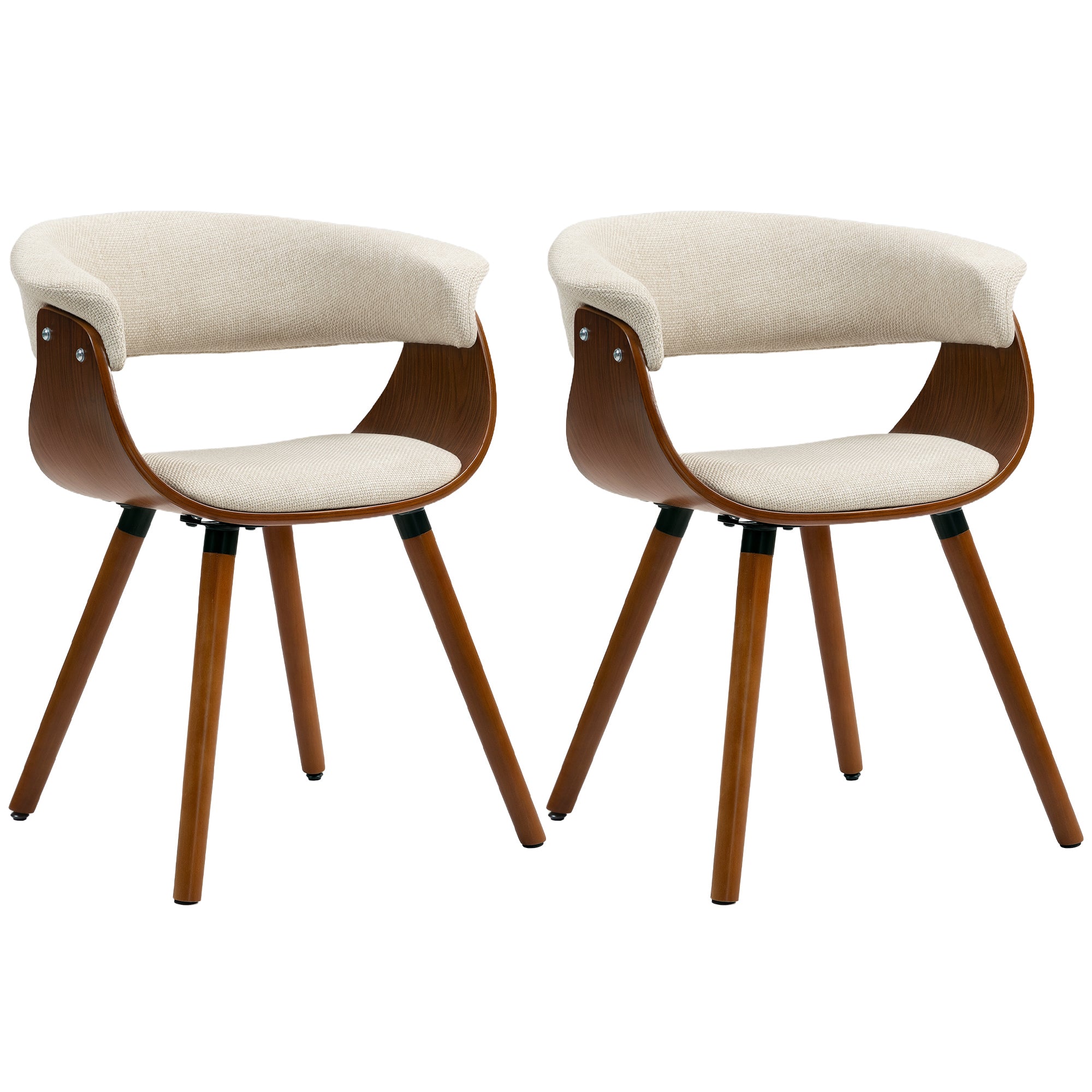 Set of 2 Upholstered Dining Chairs with Curved Back & Solid Beech Legs, Linen‑Effect Fabric, Beige