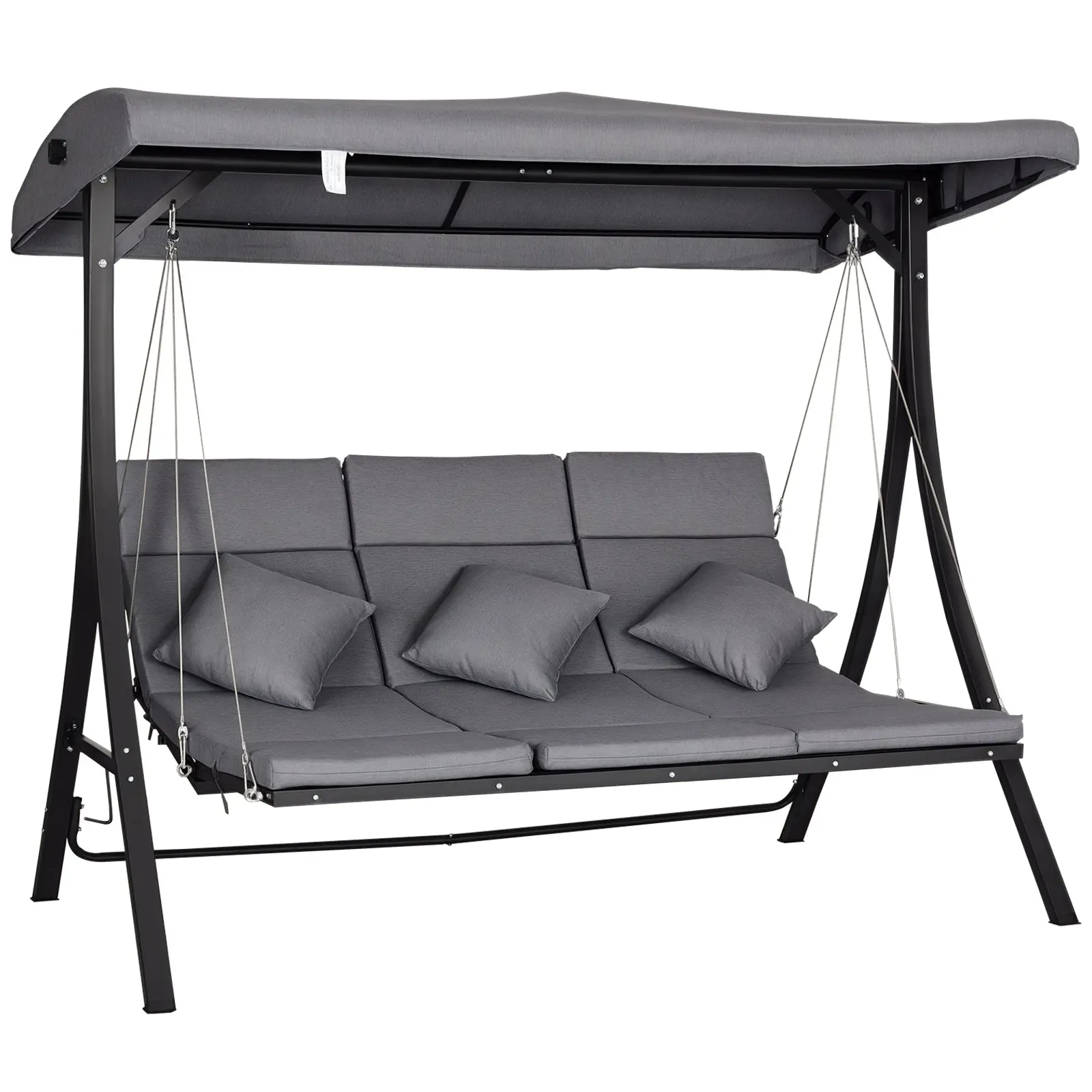 3-Seater Hollywood Swing, Swing Bench with Adjustable Sun Canopy, Swing with Cushions, up to 270 kg Load Capacity, Metal, Texteline, Gray, 200 x 115 x 168 cm