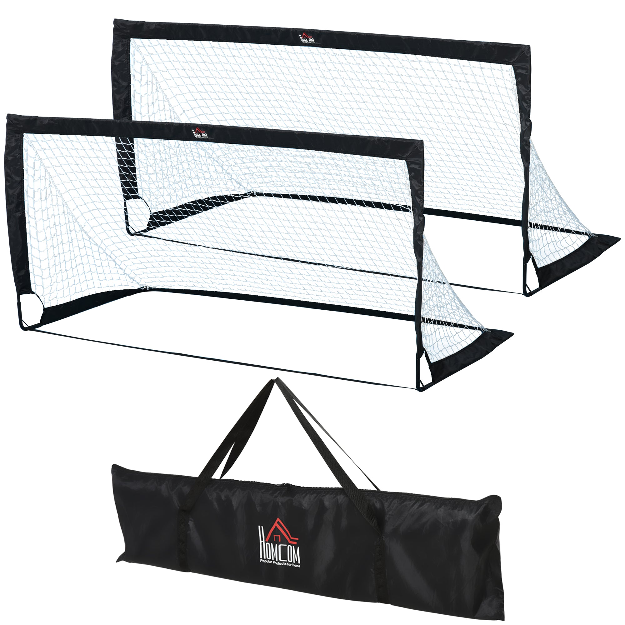 HOMCOM Fotbollsmål 2-Pack Hopfällbara 183 x 90 x 90 cm med Bärväska Väderbeständiga Utomhus Fotbollsmål för Vuxna Träning och Fritid Svart