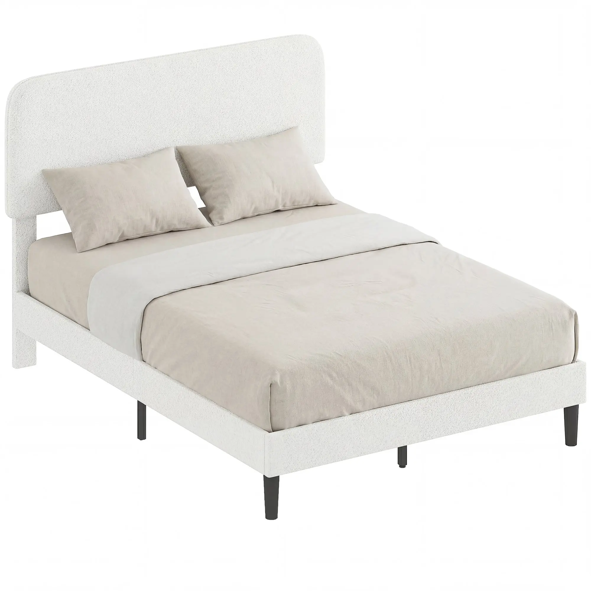 140 x 190 cm (55 x 75 in) Teddy Velvet Upholstered Double Bed Frame — Adjustable Headboard, 12-Slat Metal Support, Footboard, Under-Bed Storage, Quiet, Easy Assembly, White