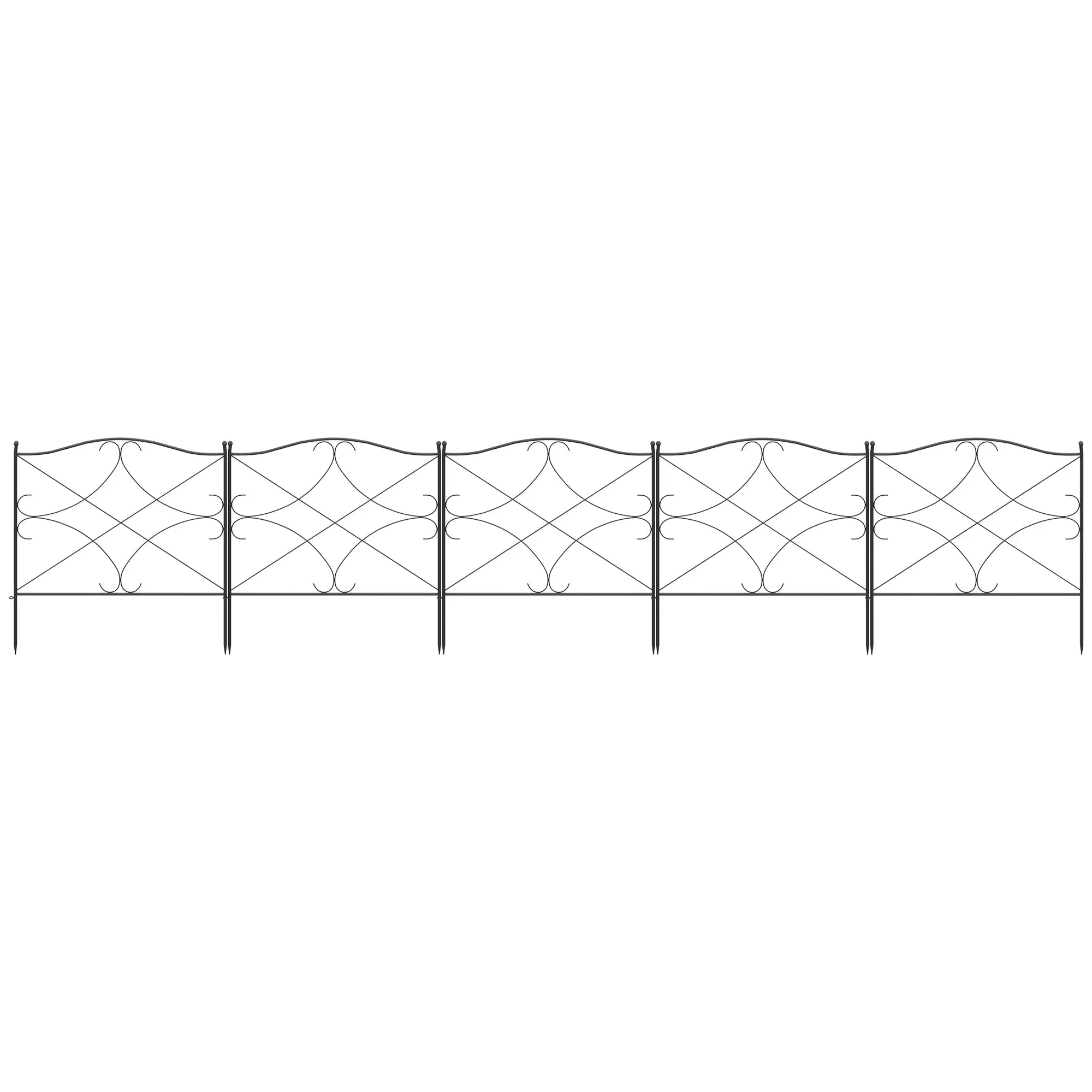 Set of 5 decorative metal garden fences with ornaments - 305 x 62 cm black