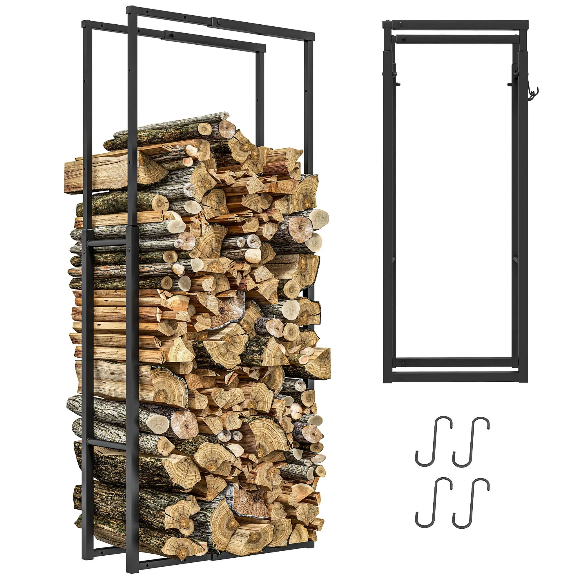 Adjustable Log Holder Metal Log Rack with 4 Hooks 100 kg Capacity for Indoor and Outdoor Use 40-65x25x100-150 cm Black