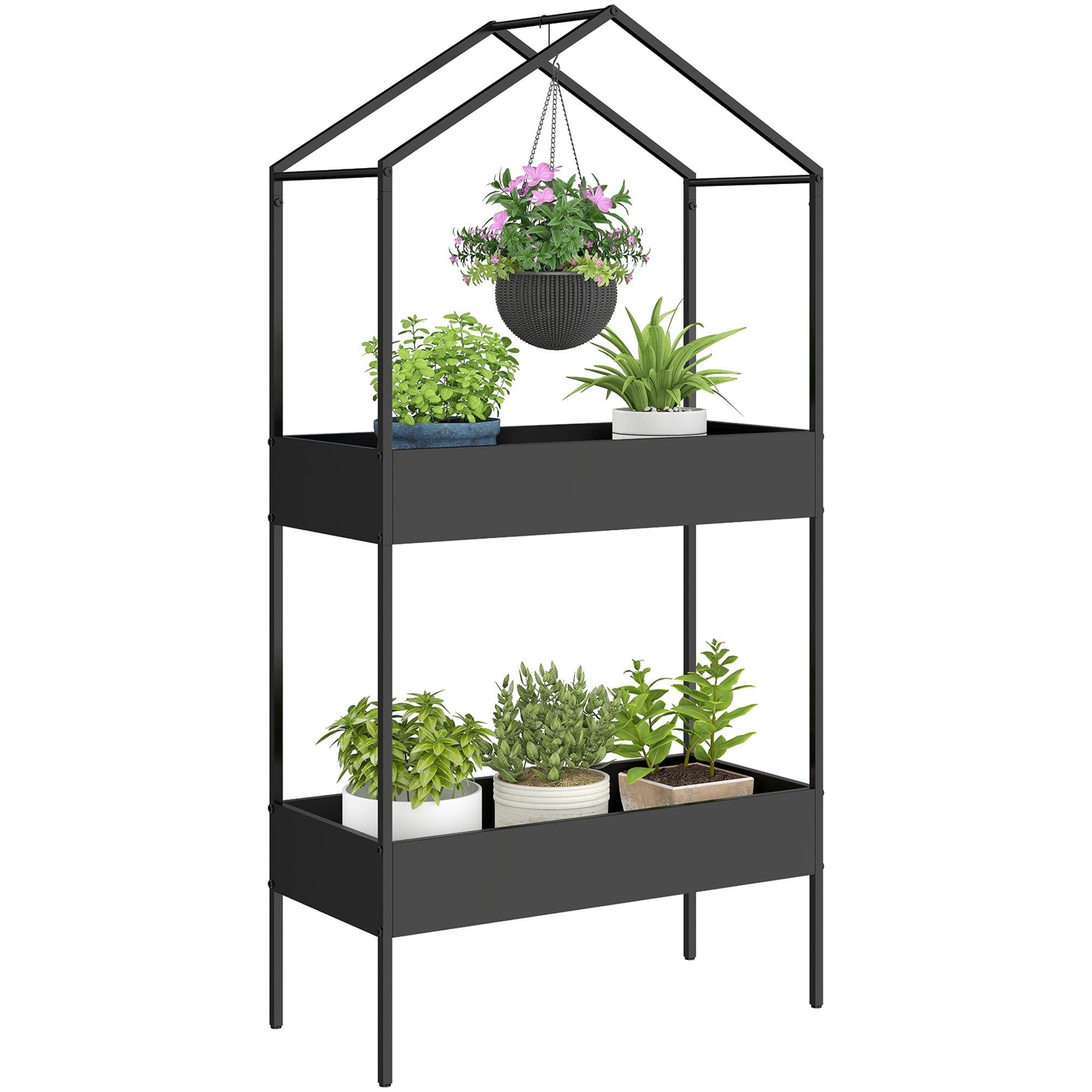 Outsunny Support pour plantes 2 niveaux en forme de maison avec crochet, 150 cm, noir