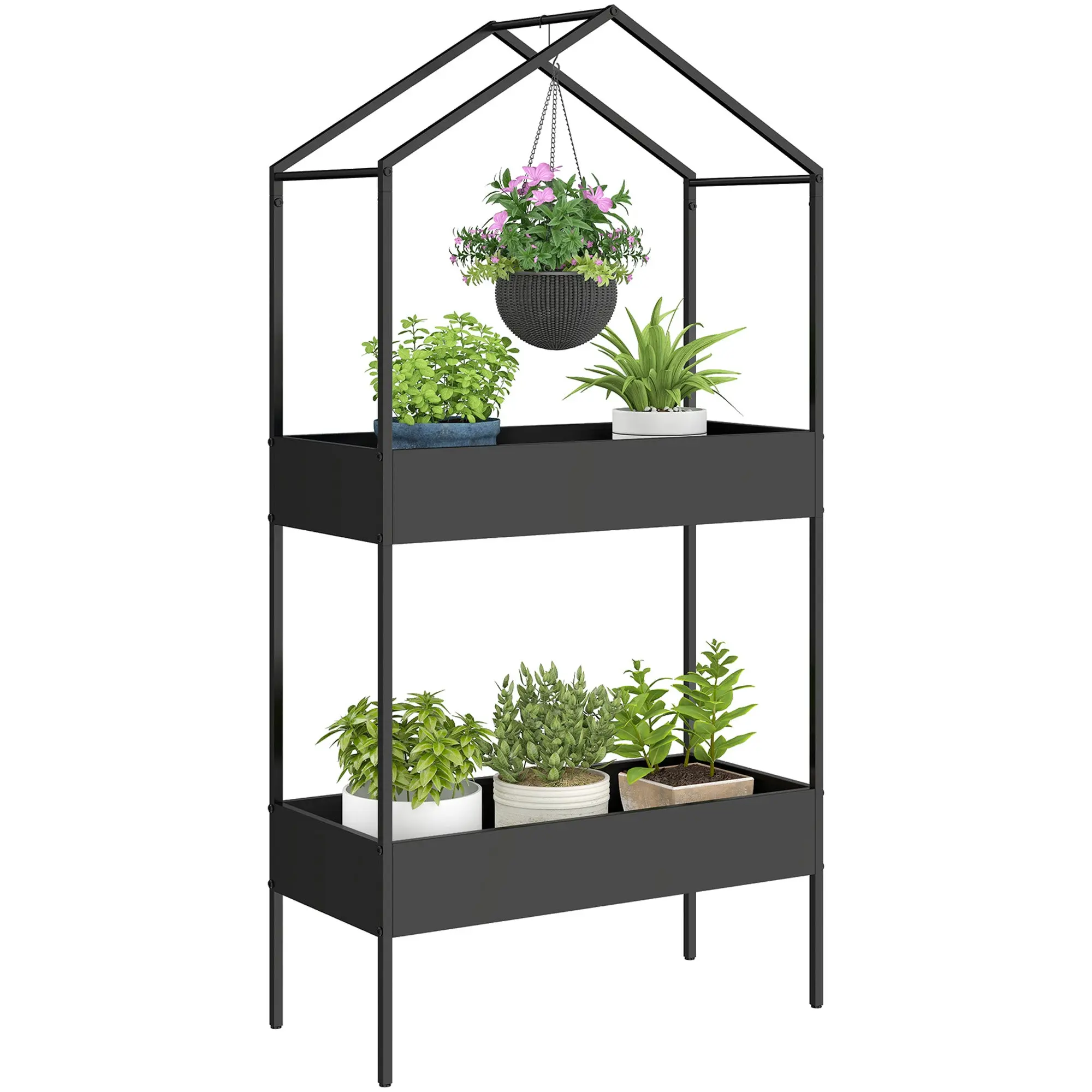 2-Tier House-Shaped Plant Stand with Hook, 150 cm (59 in) High, Metal Pot Shelves for Garden, Balcony & Home, Black