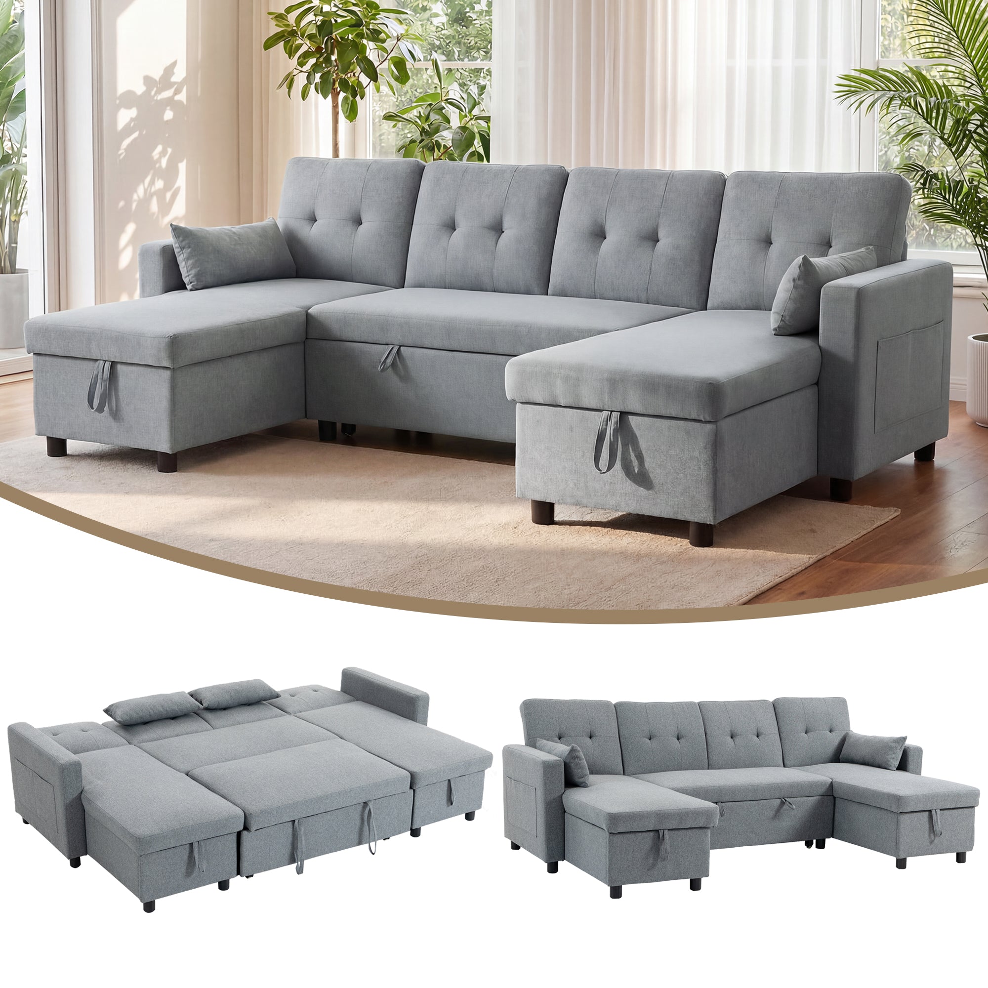 HOMCOM U-oblik kutna sofa na razvlačenje za 4 osobe s pohranom — 3-u-1 pretvaračka garnitura s ležajem i podesivim naslonima, tkanina u izgledu lana, siva