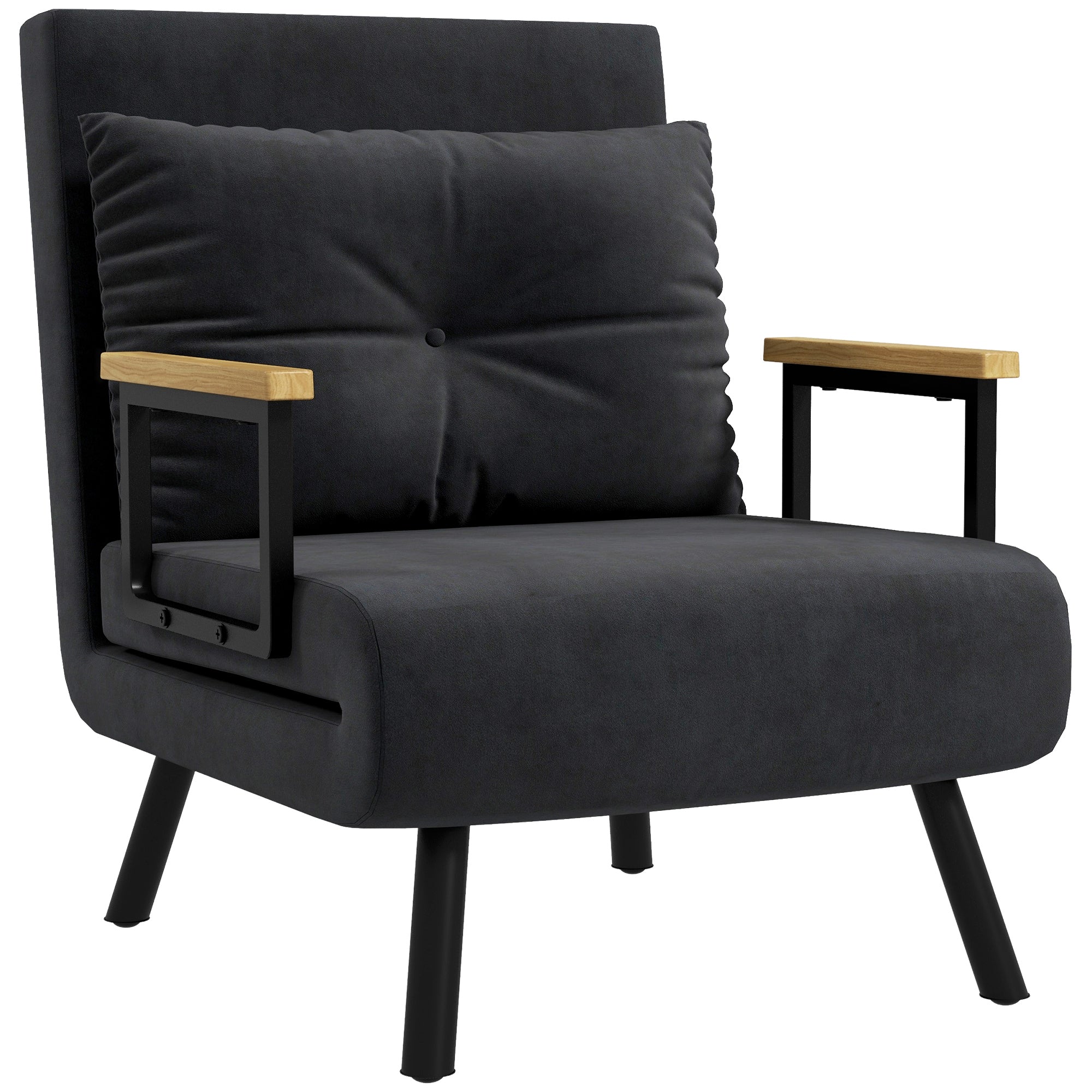 HOMCOM 1-Sëtz Sofa Bettsystem Klappbar U gepolstert an Zéivel mat justéierbarem 5-Niveau Rückenlehne an U gepolstert Këssen fir Büro Schlofzëmmer Wunnzëmmer 63x73x81 cm Schwaarz