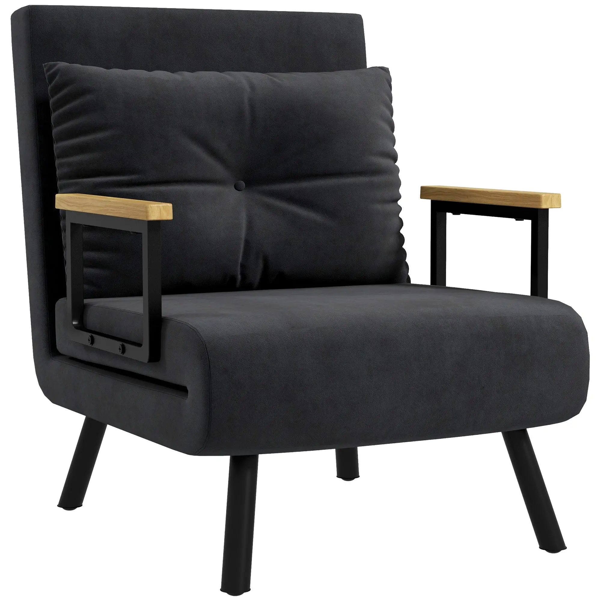 1-Seater Sofa Bed Foldable Upholstered in Velvet with Adjustable 5-Level Backrest and Padded Pillow for Office Bedroom Living Room 63x73x81 cm Black