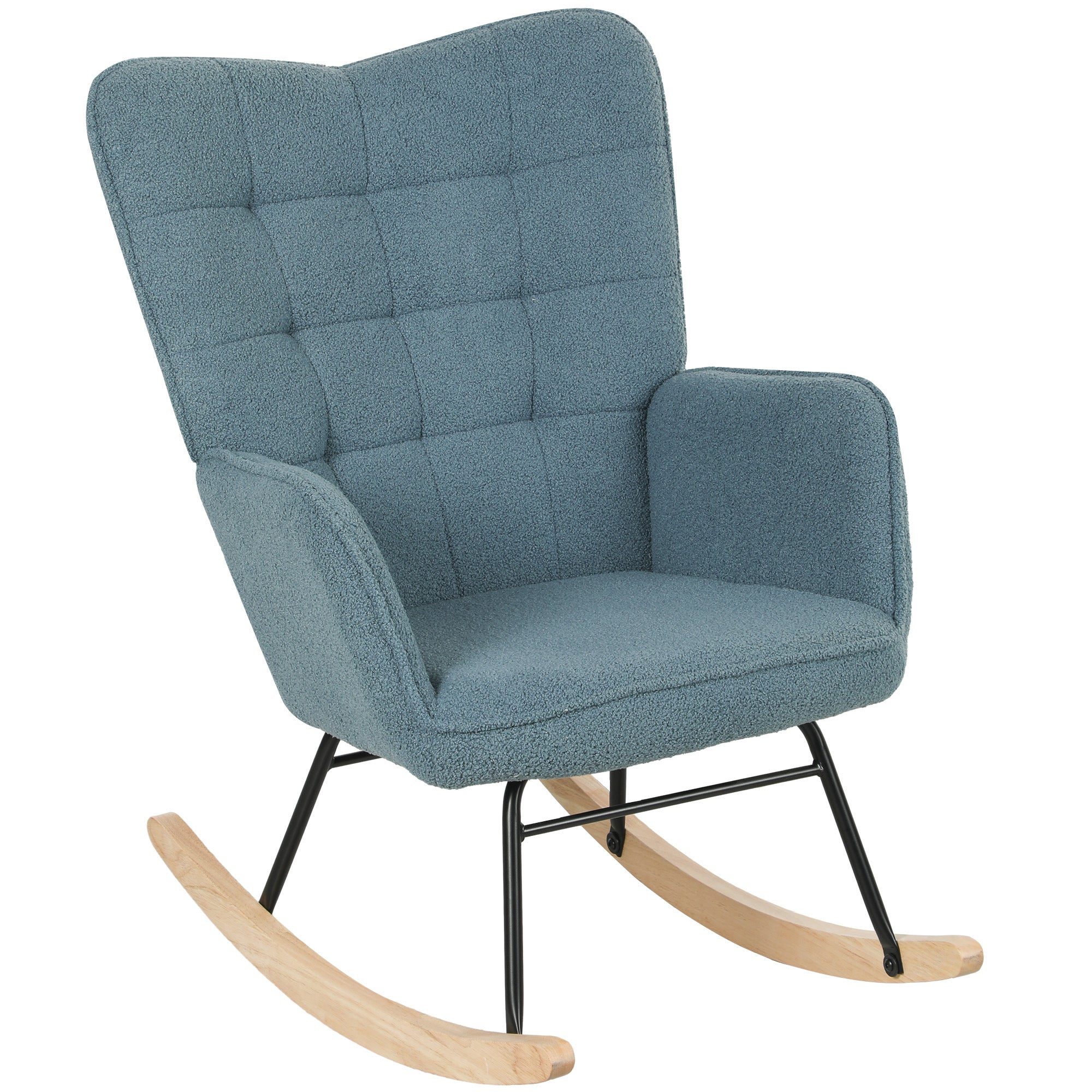 Rocking Chair — Berber Fleece Upholstery, Padded Seat with Wooden Rockers, Armrests, Relax Chair for Living Room or Bedroom, Supports up to 265 lb, Light Blue