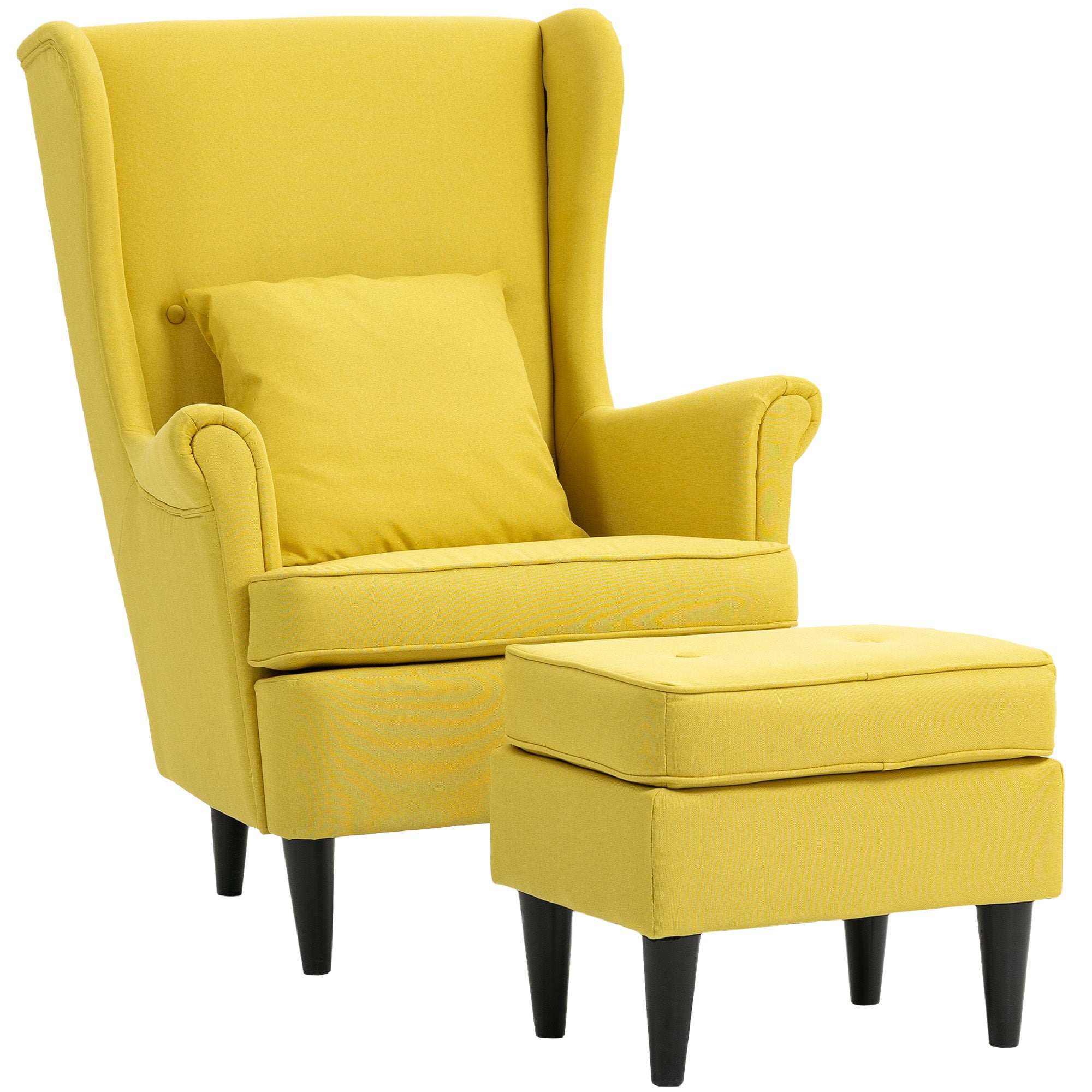 HOMCOM Relax Recliner Lábtartóval, Párnával és Magas Hátfallal, Quilted Szövetből Készült Hálószoba Fotel Fa Lábbal és Karfával, 75x83x104 cm, Sárga