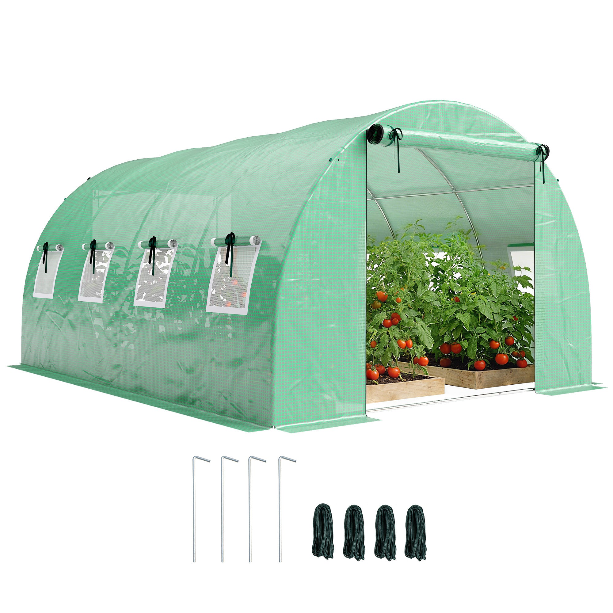 Tunnel Garden Greenhouse, approx. 129 sq ft (12 m2) — 295 × 400 × 200 cm (approx. 9 ft 8 in × 13 ft 1 in × 6 ft 7 in), Galvanized Steel Frame, 2 Roll-Up Doors & 8 Mesh Windows, High-Density 140 gsm PE Cover — Green
