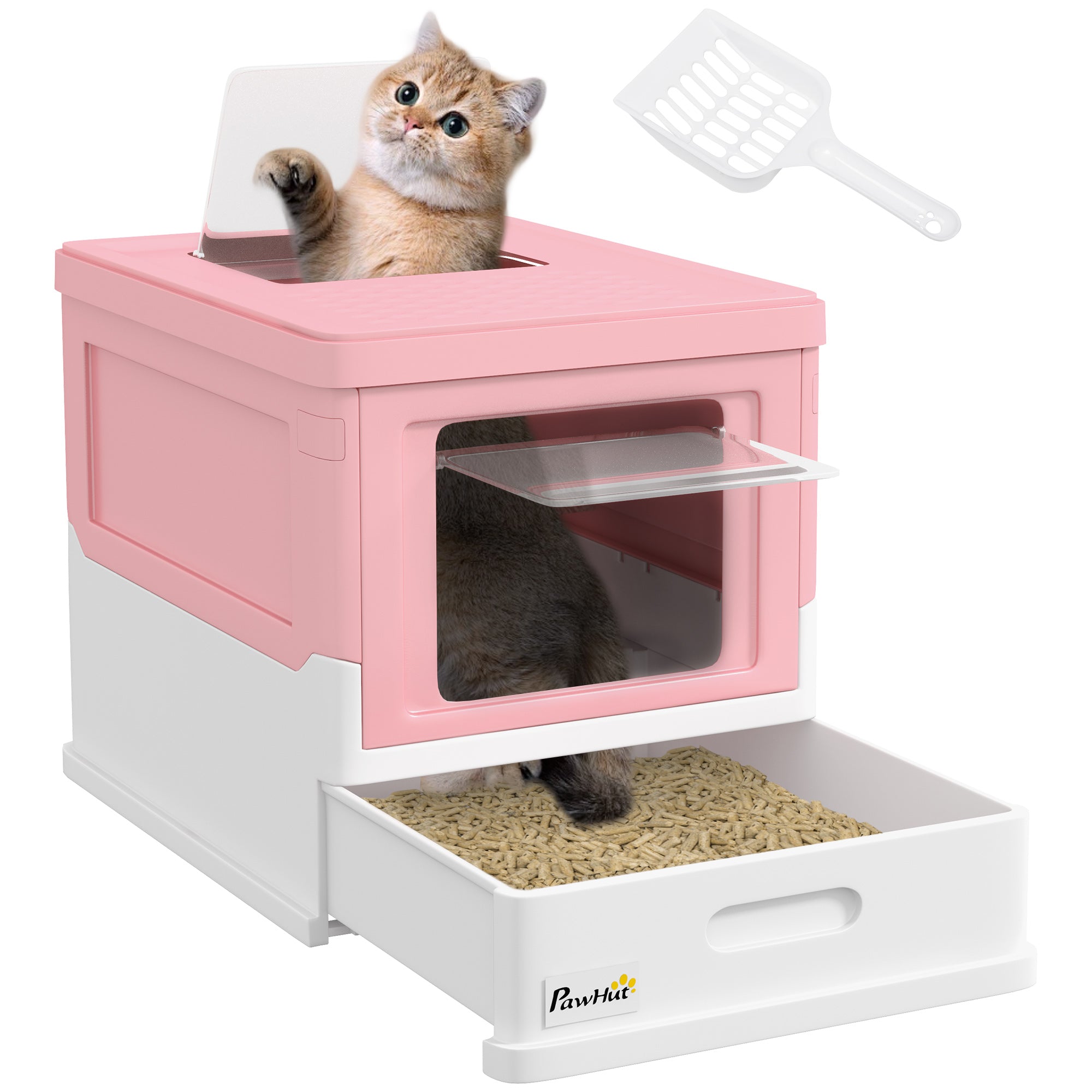 PawHut Kattebakke med Låg - Dækket Katte-toilet med Skovl og Udragelig Bakke - Kattebakke til Katte op til 5 kg 47,5 x 35,5 x 36,7 cm Hvid+Lyserød